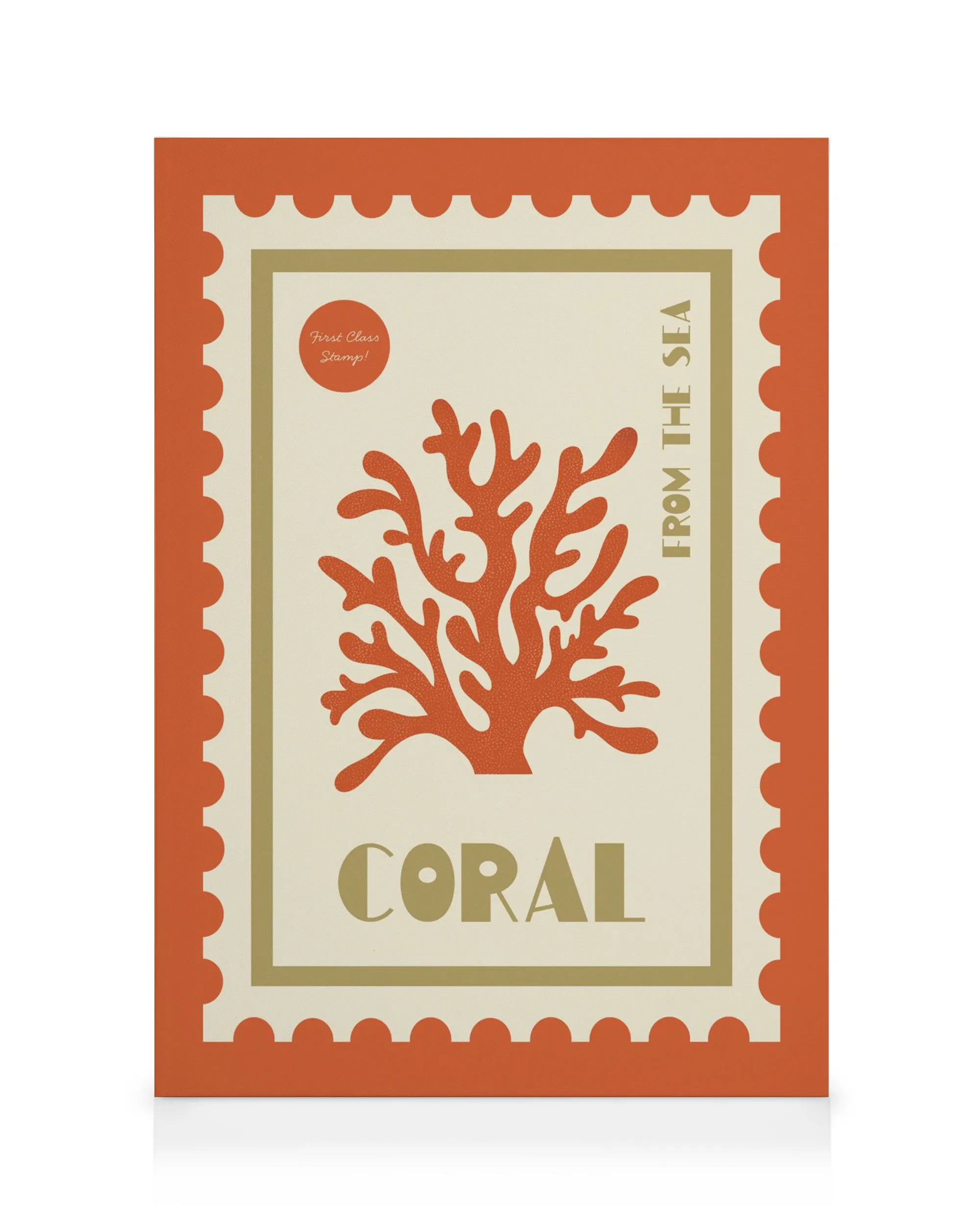 Lærred med koralrødt frimærkedesign, der forestiller en orange koralgren med tekst CORAL og FROM THE SEA.
