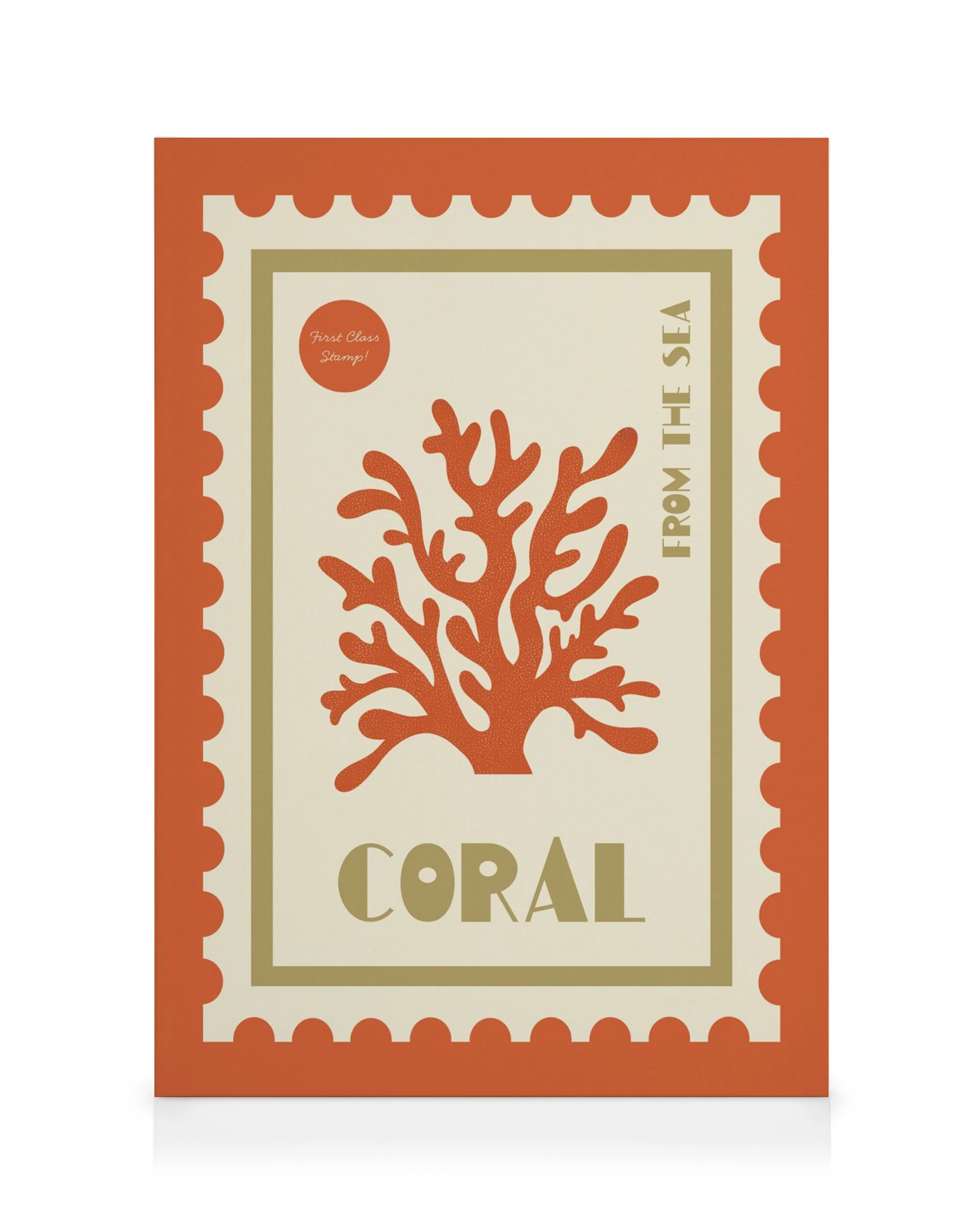 Lærred med koralrødt frimærkedesign, der forestiller en orange koralgren med tekst CORAL og FROM THE SEA.