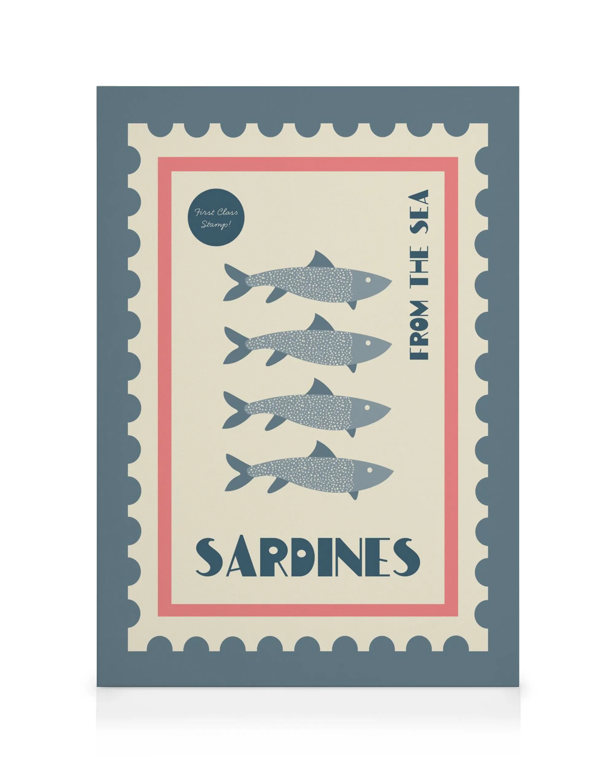 Sardiner lærredsbillede, der ligner et frimærke med fire grå sardiner og Sardines tekst.