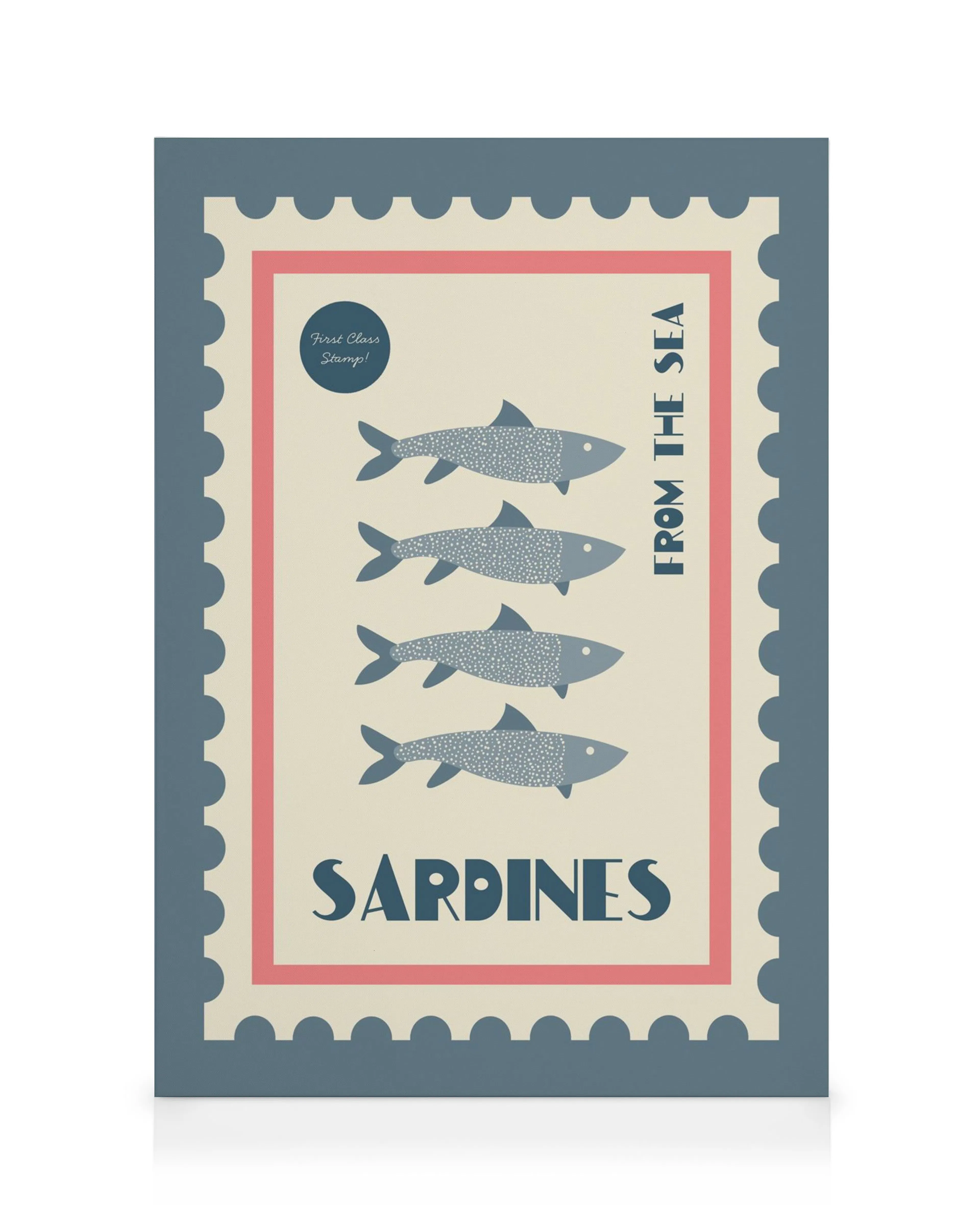 Sardiner lærredsbillede, der ligner et frimærke med fire grå sardiner og Sardines tekst.