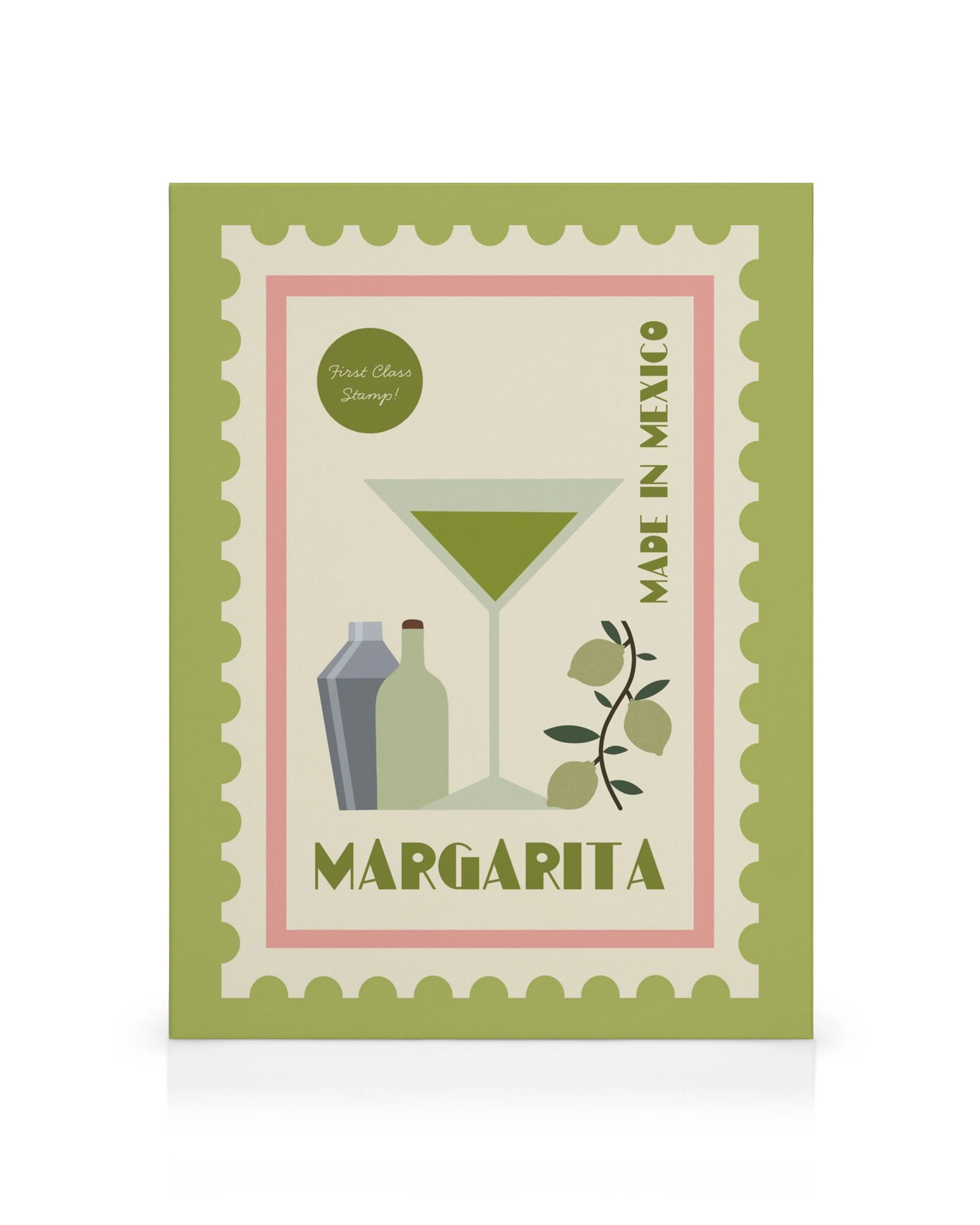 Margarita canvas print, a stamp-like design with a margarita glass, bottles, and a lime branch on a canvas print.