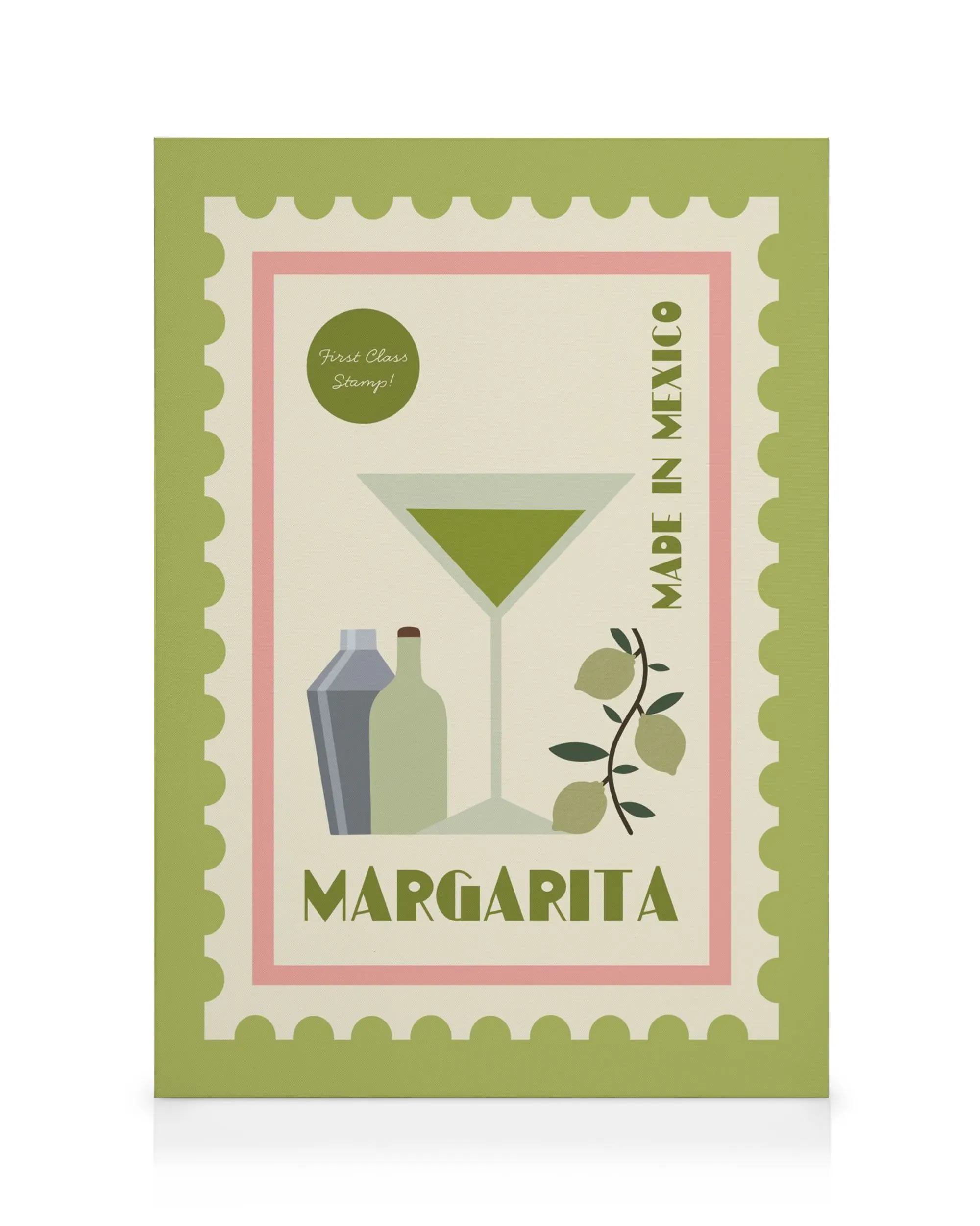 Lærred med illustreret margaritaglas, shaker, flaske og limefrugter i stempeldesign, Made in Mexico tekst.