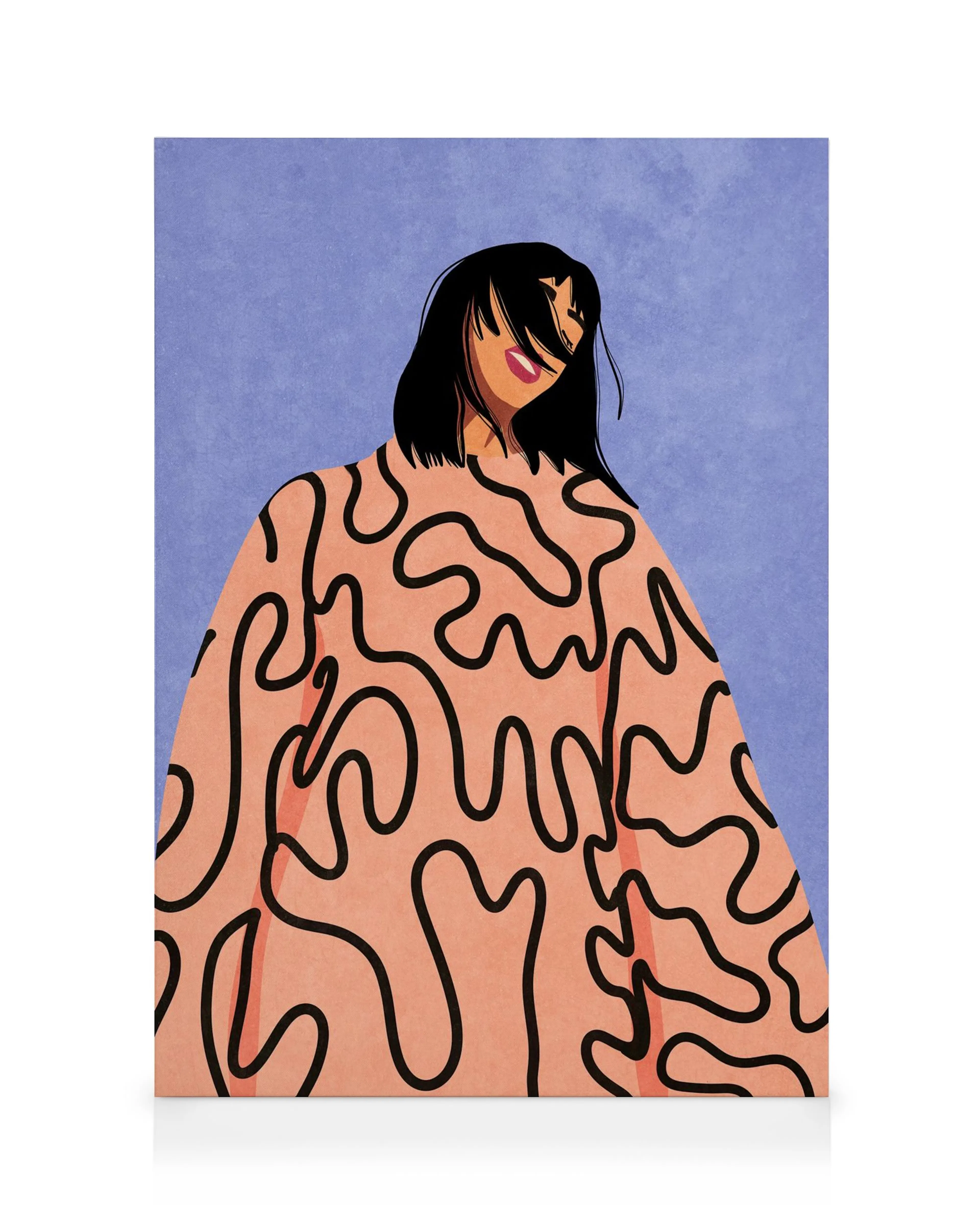 Impressionist portrait of a woman with black hair and red lips, wearing a peach top with black squiggly lines, against a purple 