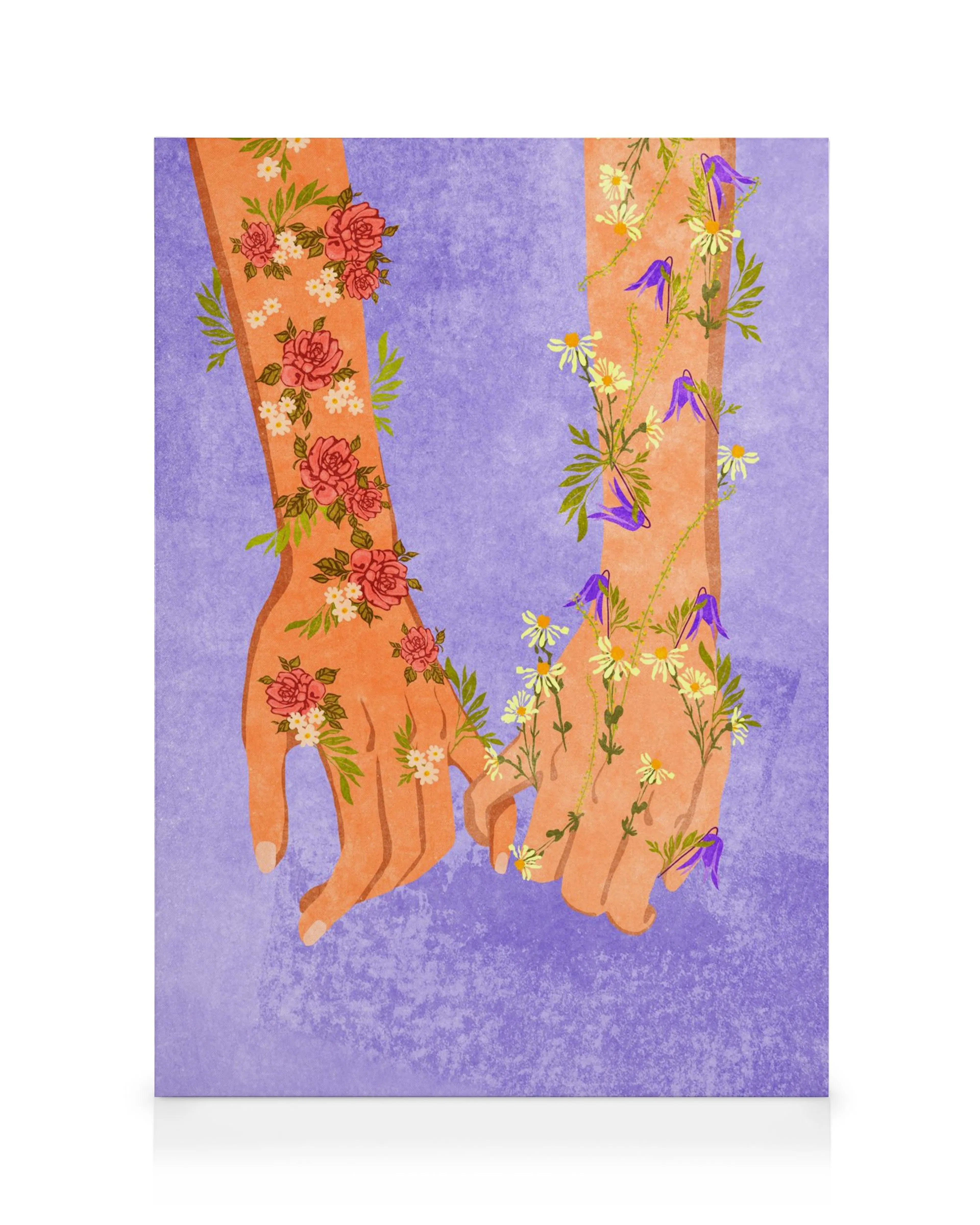 Färgglada händer med blommönster, håller varandra mot en texturerad lila bakgrund. Konstverk med blommor och händer.