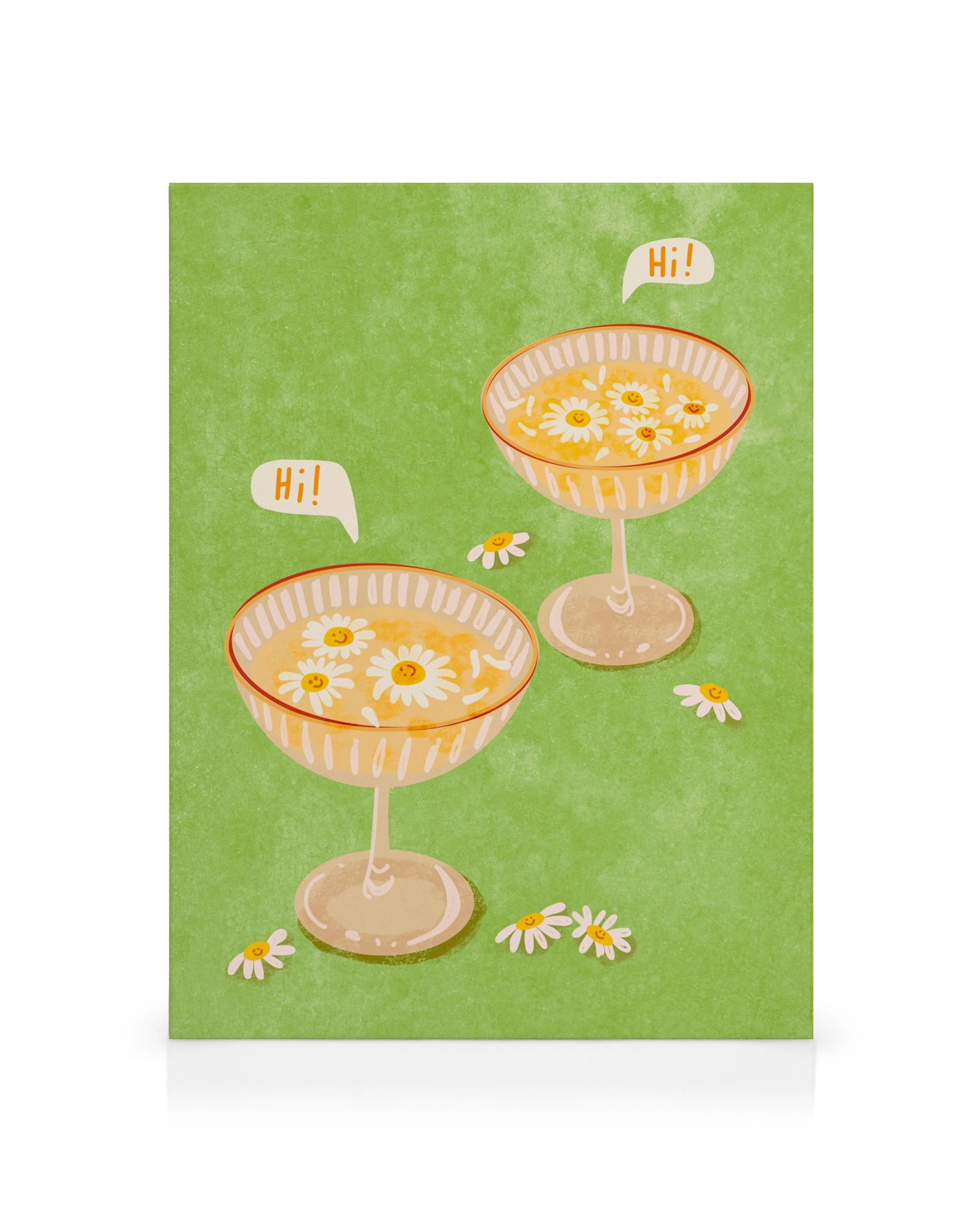 Canvas print: Two juice glasses with daisies and Hi! speech bubbles on a green textured background.