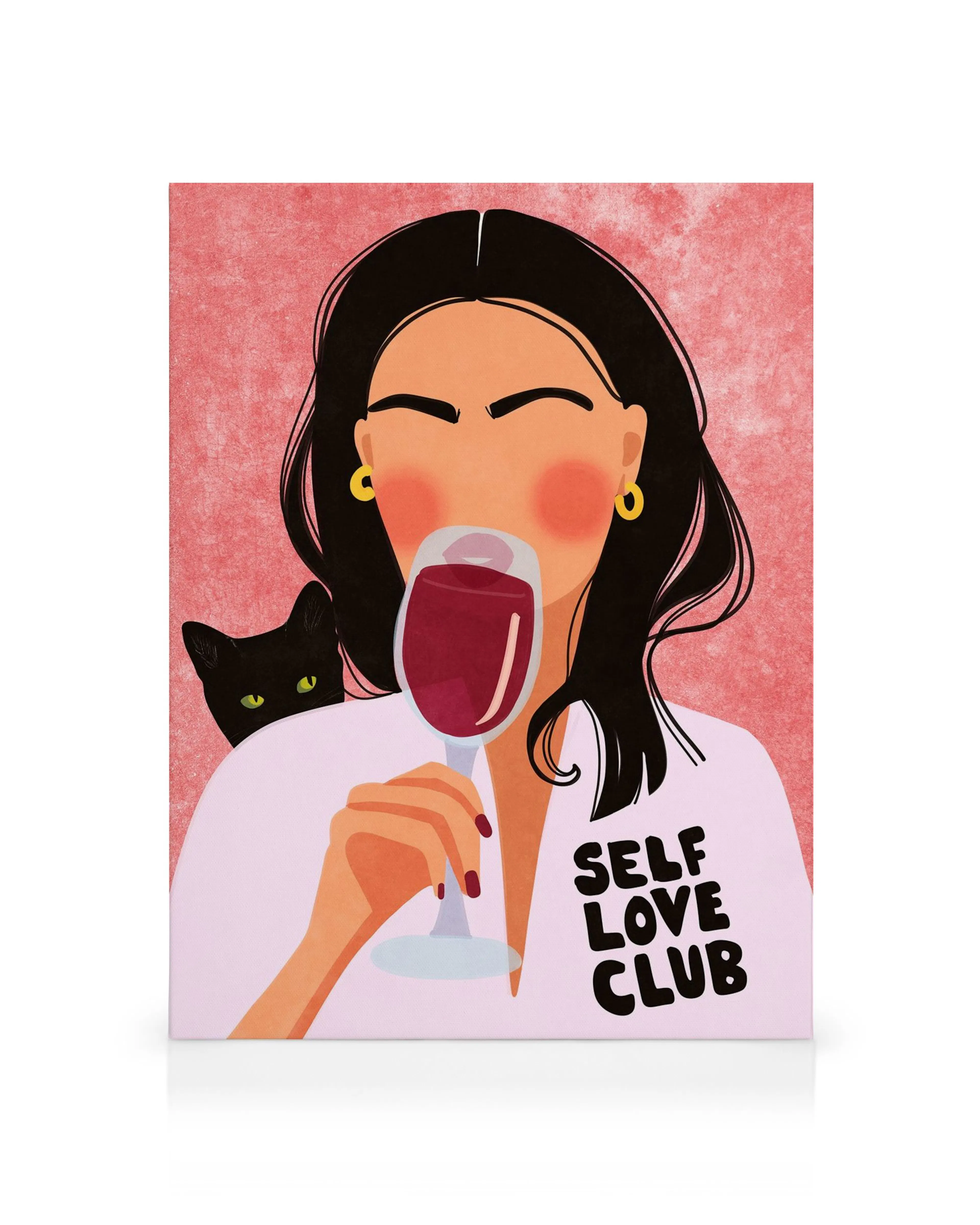 Cartoon canvas van een vrouw met wijnglas en zwarte kat, roze achtergrond, Self Love Club shirt.