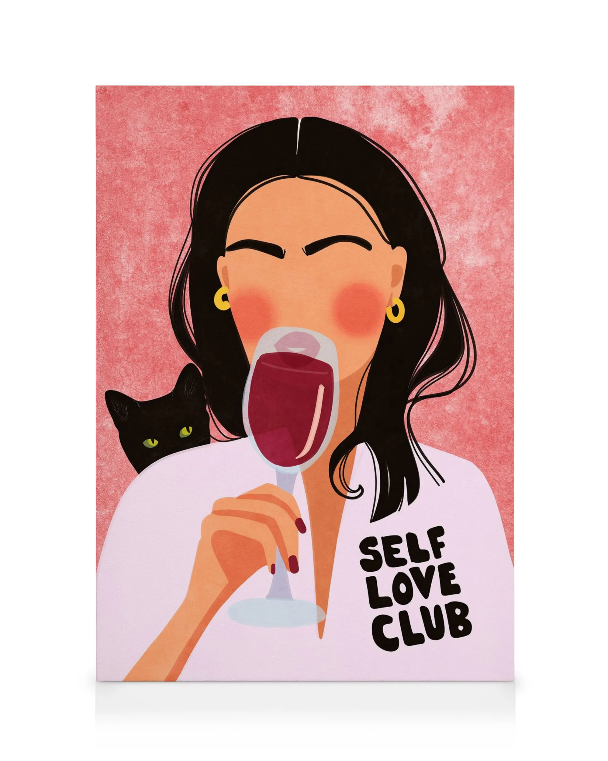 Toile rose, femme aux yeux fermés tenant un verre de vin, chat noir. Texte Self Love Club. Typographie dessin animé.