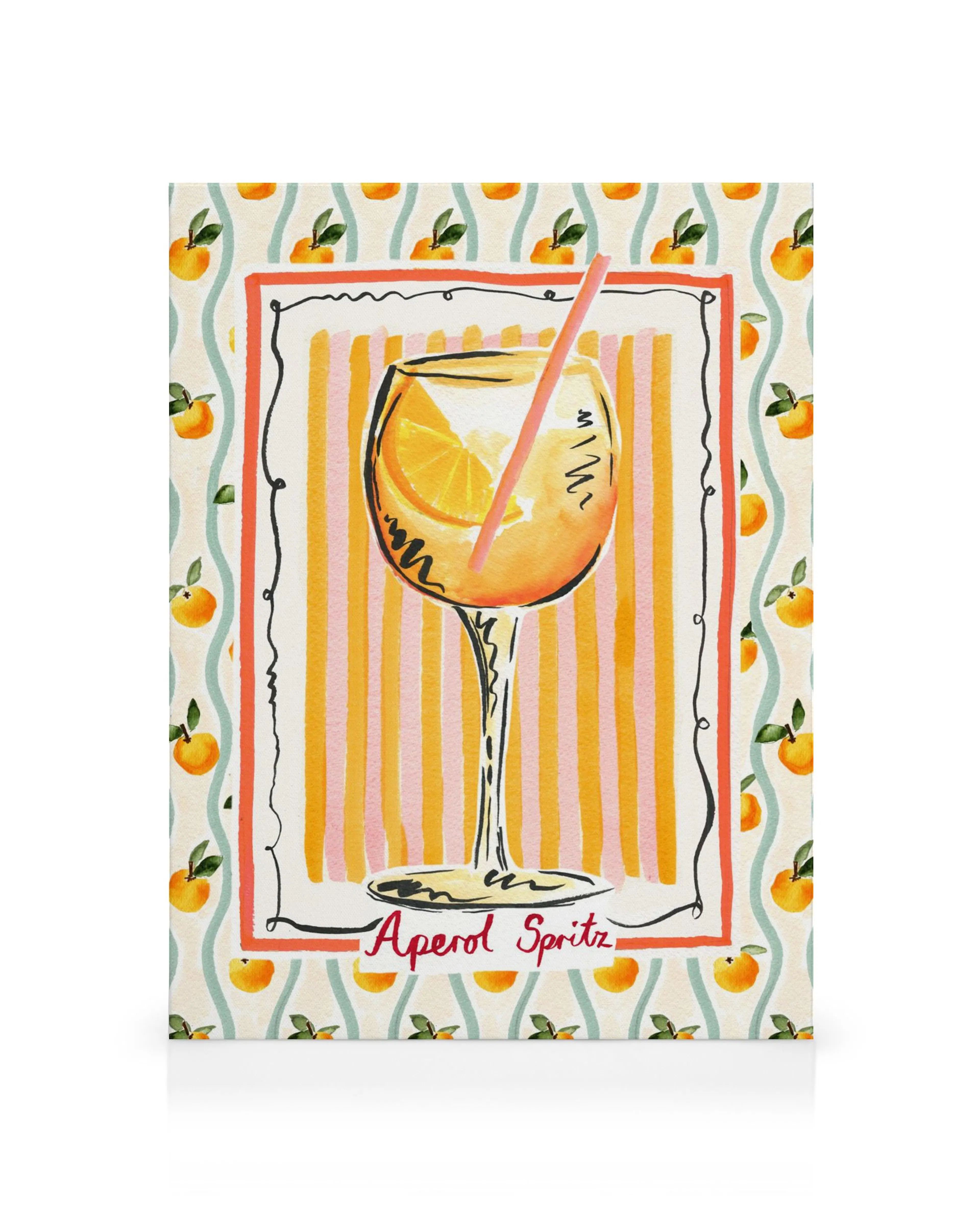 Emily Daborn Leinwandbild: Aperol Spritz Glas mit Eiswürfeln und Orangenscheibe, lebendig und farbenfroh