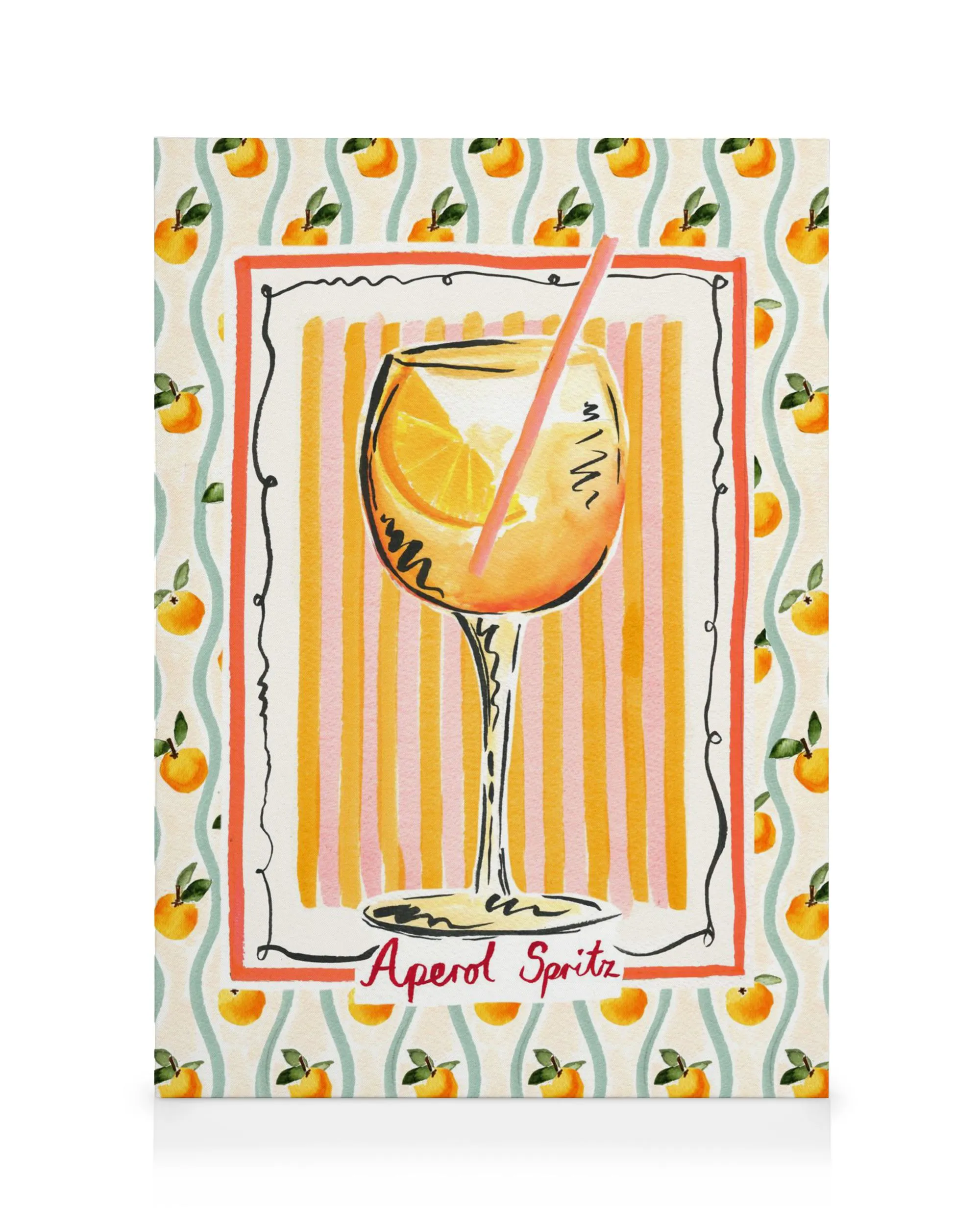 Tela Emily Daborn Aperol Spritz: ilustração vibrante de coquetel italiano laranja, com respingos e bolhas, fundo creme.