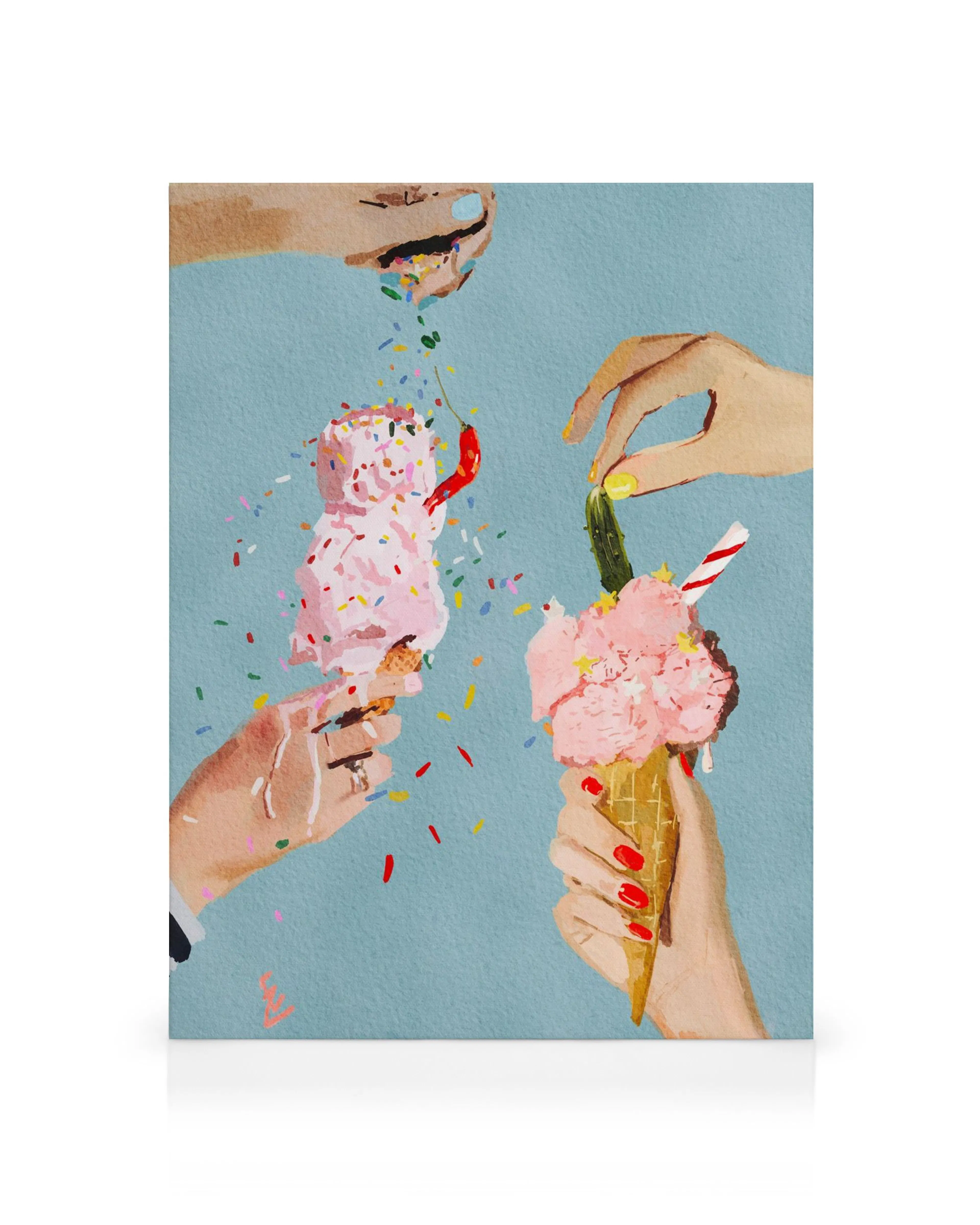 Vibrant multi-coloured canvas print of pickle and chili ice cream cones, with turquoise accents, for a unique gallery wall.