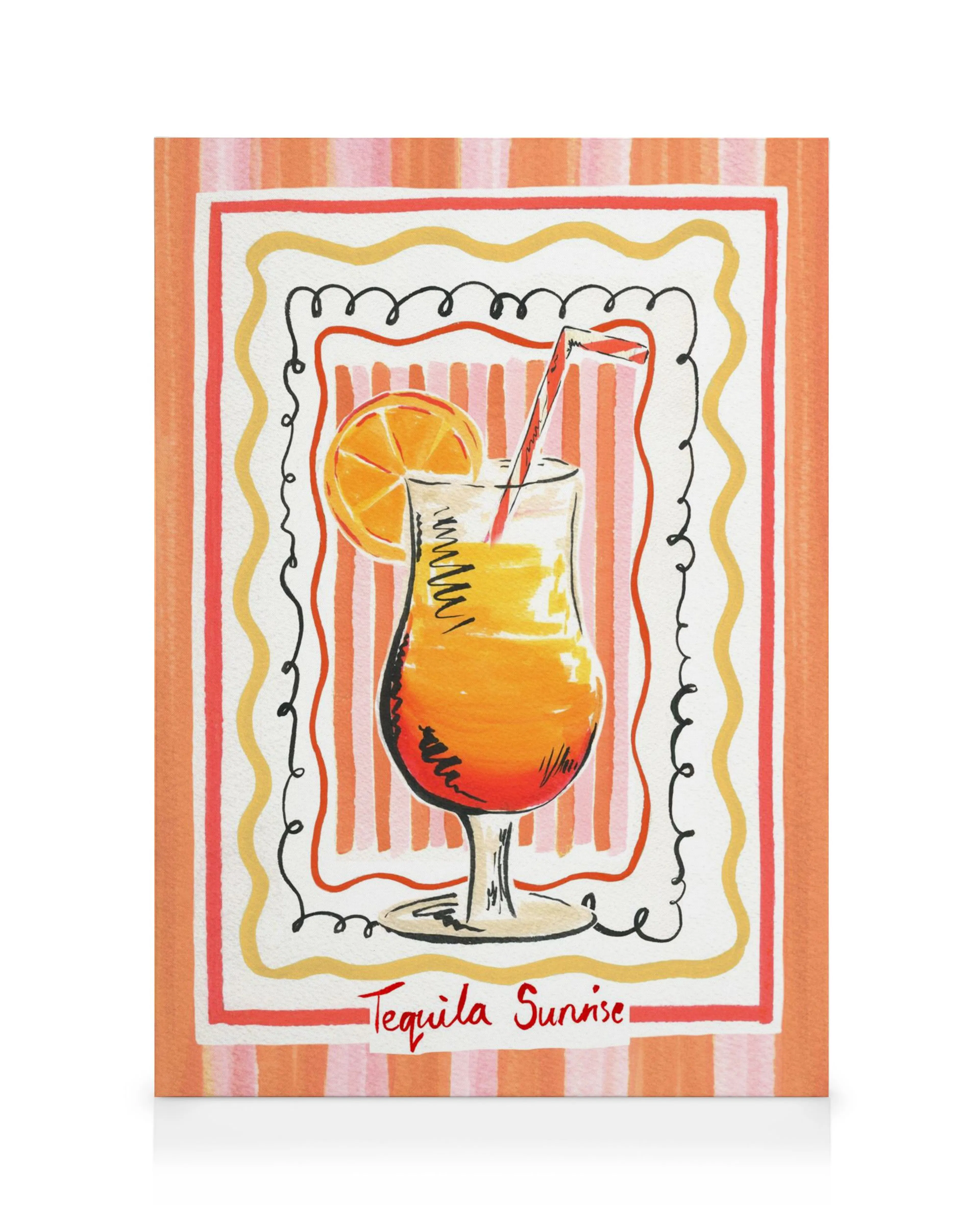 Tela com coquetel Tequila Sunrise, tons vibrantes de laranja e vermelho, estilo ilustração, para cozinha