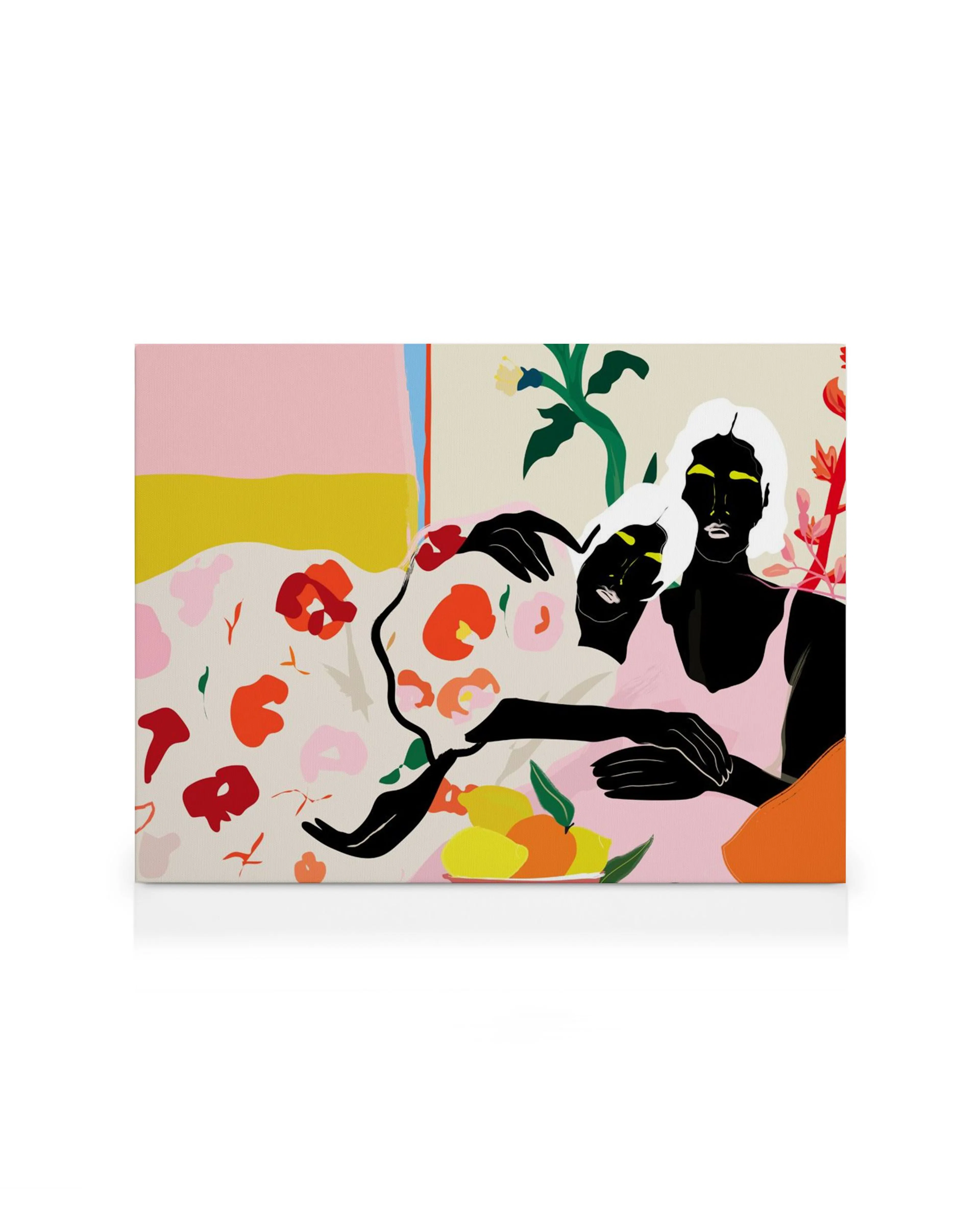 Illustratie van twee zwarte figuren met witte haren op een bloemige achtergrond in roze, geel en oranje. Canvas kunst.