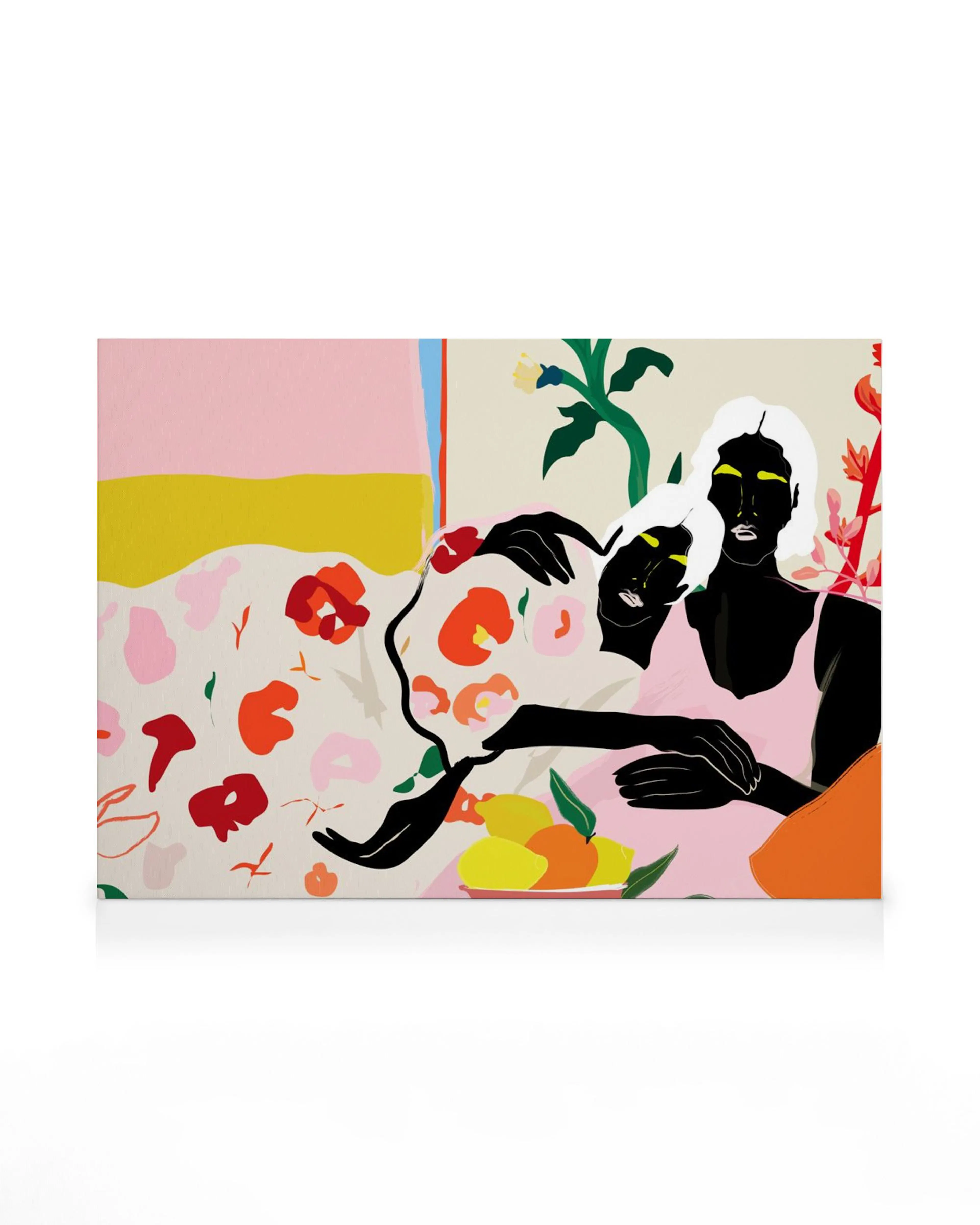 Illustration von zwei Personen in Schwarz auf einem floralen Hintergrund in Pink, Gelb und Orange, Wandkunst, Leinwand