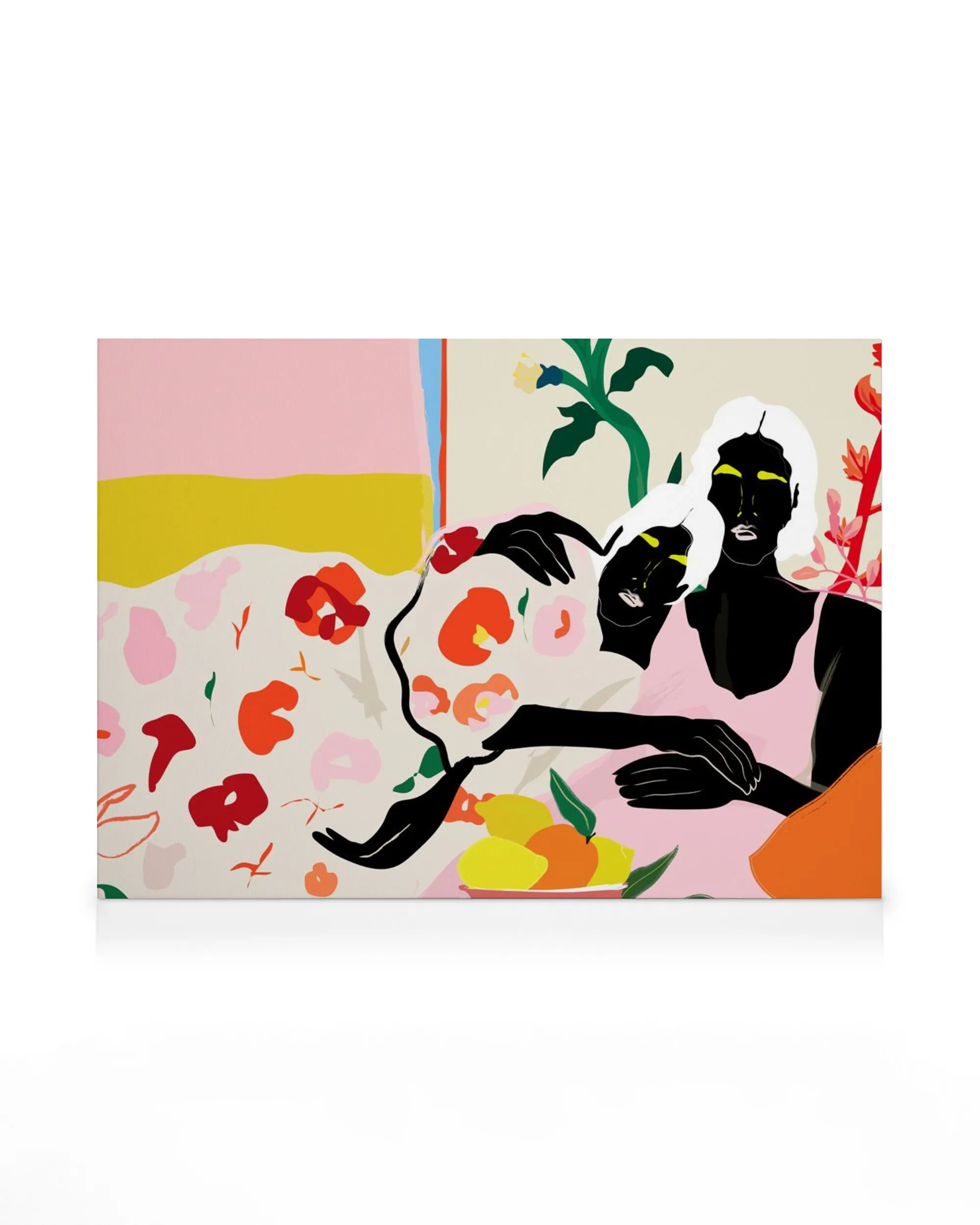 Ilustración de dos figuras delineadas en negro sobre un fondo floral rosa, amarillo y naranja, evocando una mañana de domingo.