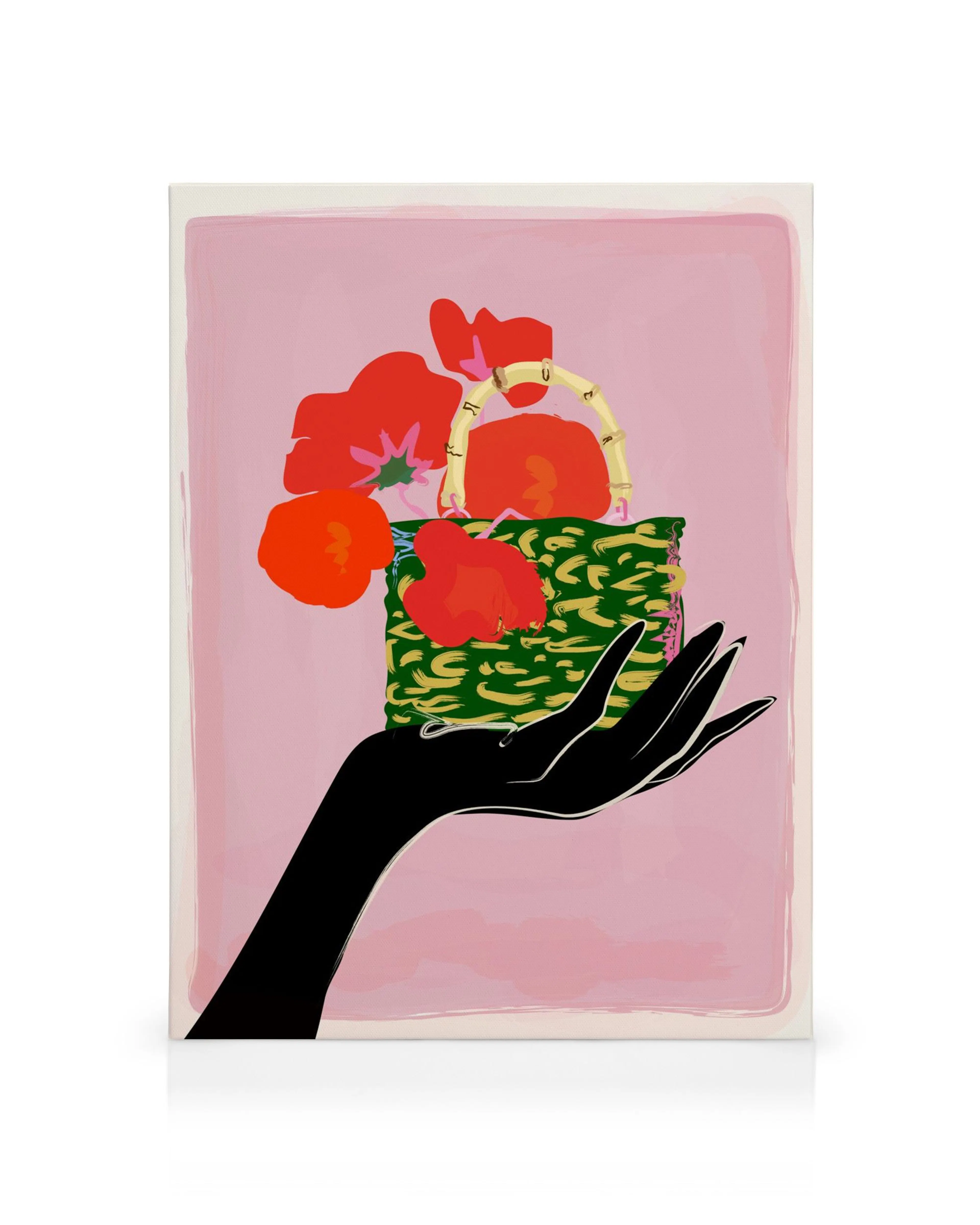 Stylised canvas print of a black hand holding a green handbag filled with vibrant red poppies against a pink background.