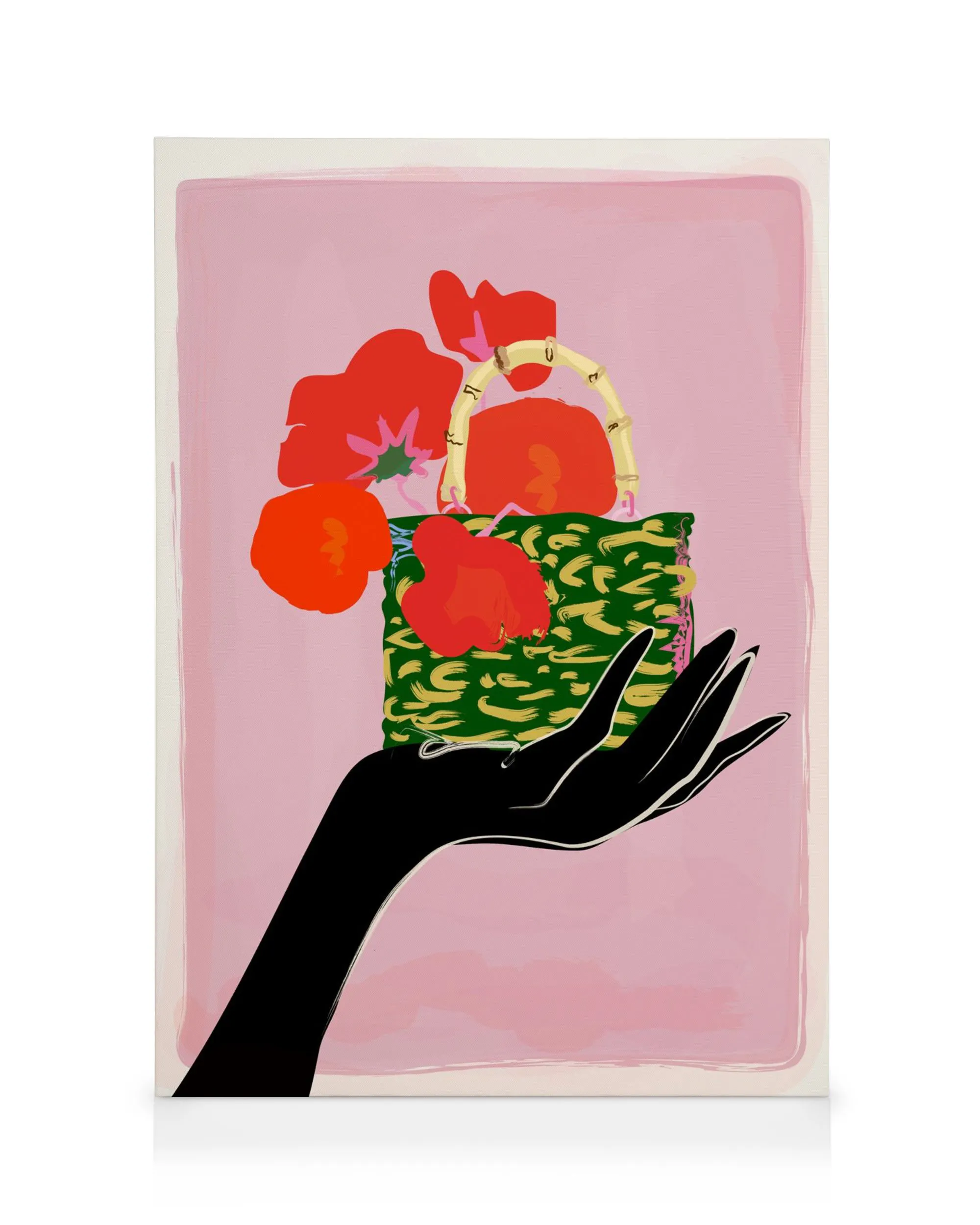 Leinwand mit einer schwarzen Hand, die eine grüne Handtasche mit roten Mohnblumen auf einem rosa Hintergrund hält.