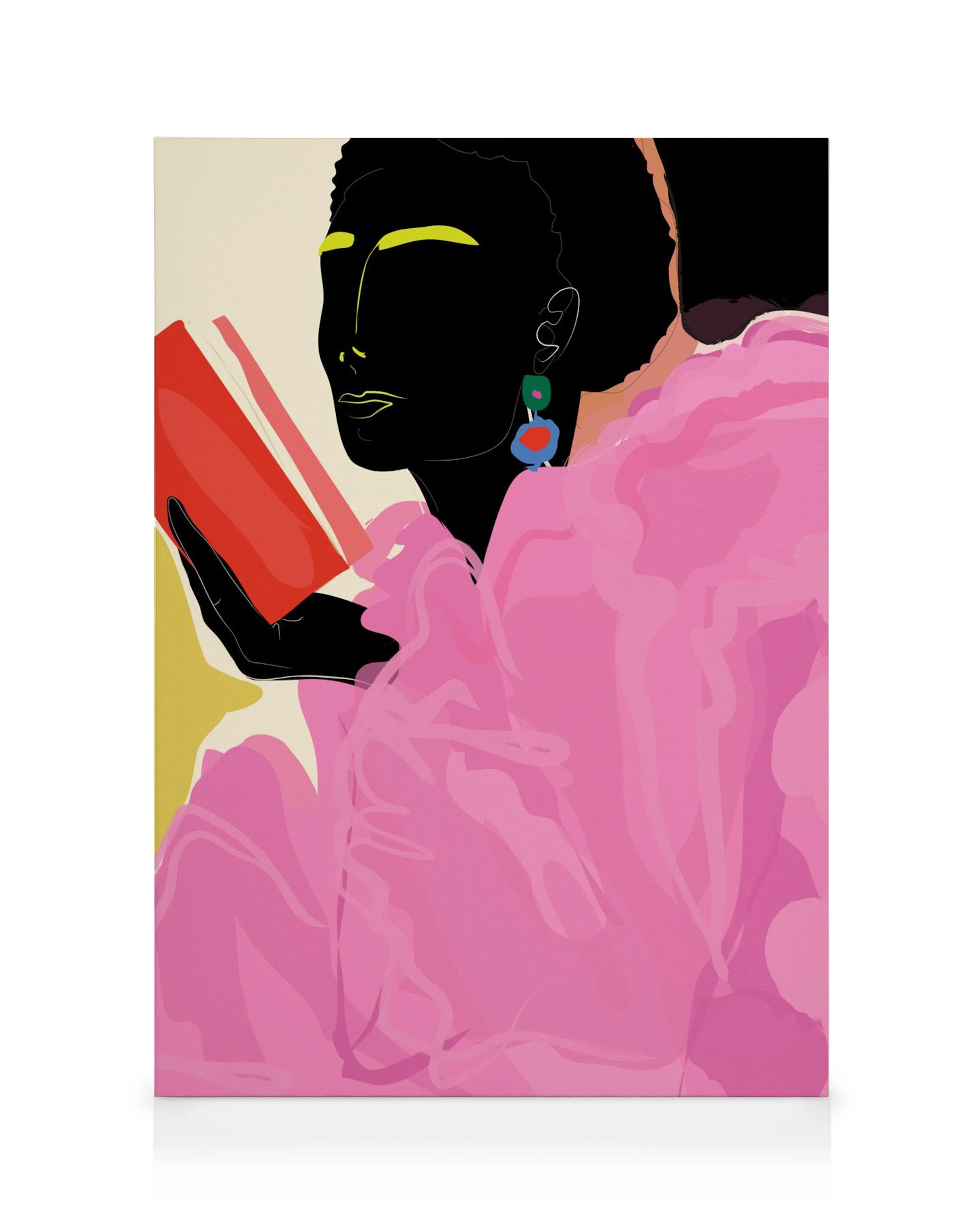 Abstract canvas art of a person reading a book in a vibrant pink outfit with yellow eyelids and colorful earrings.