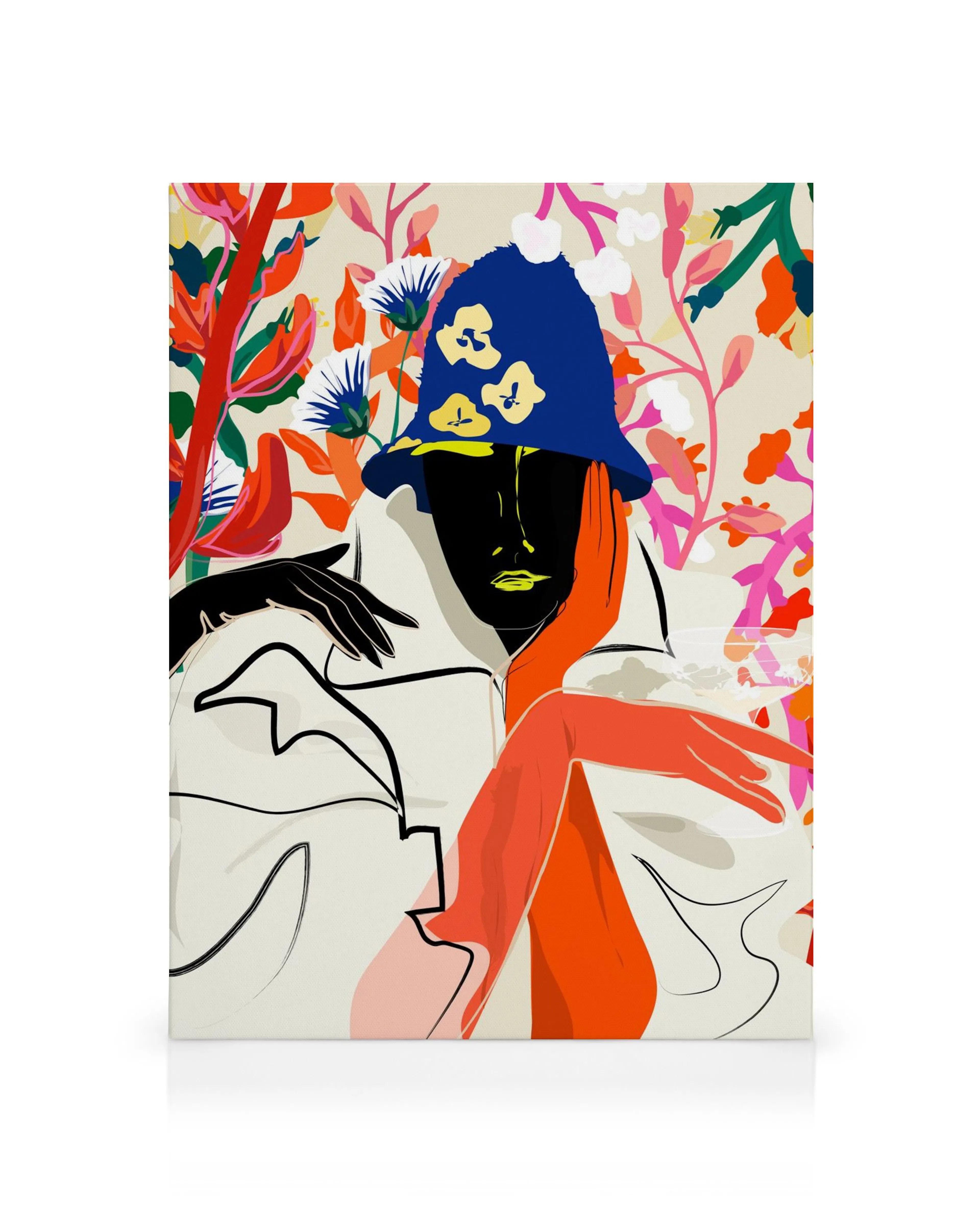 Stylised illustration of a person in a blue hat and scarf, with vibrant floral patterns in the background.