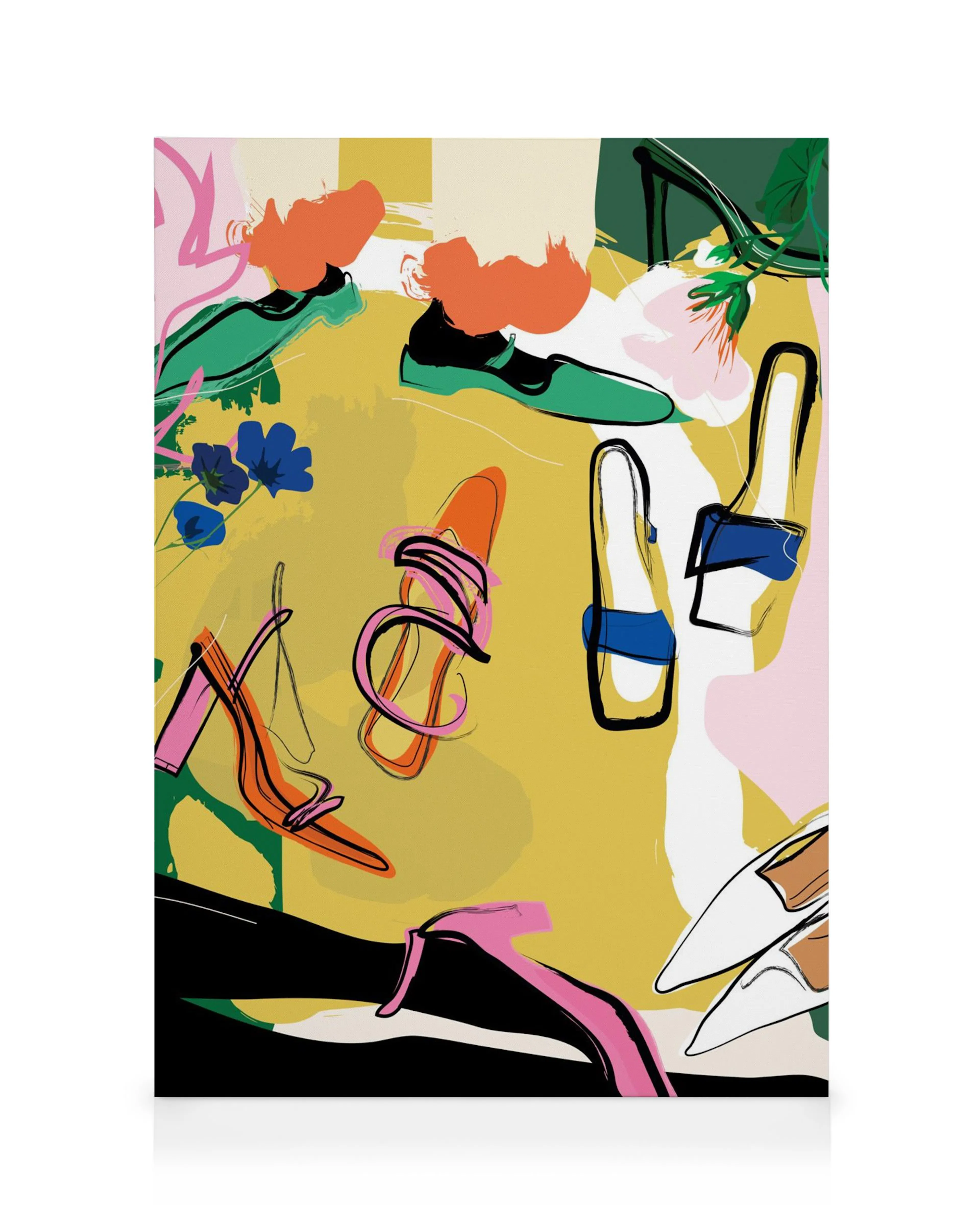 Stampa artistica astratta di scarpe su tela, con scarpe da ginnastica, sandali e tacchi alti in giallo, verde, blu, rosa, aranci