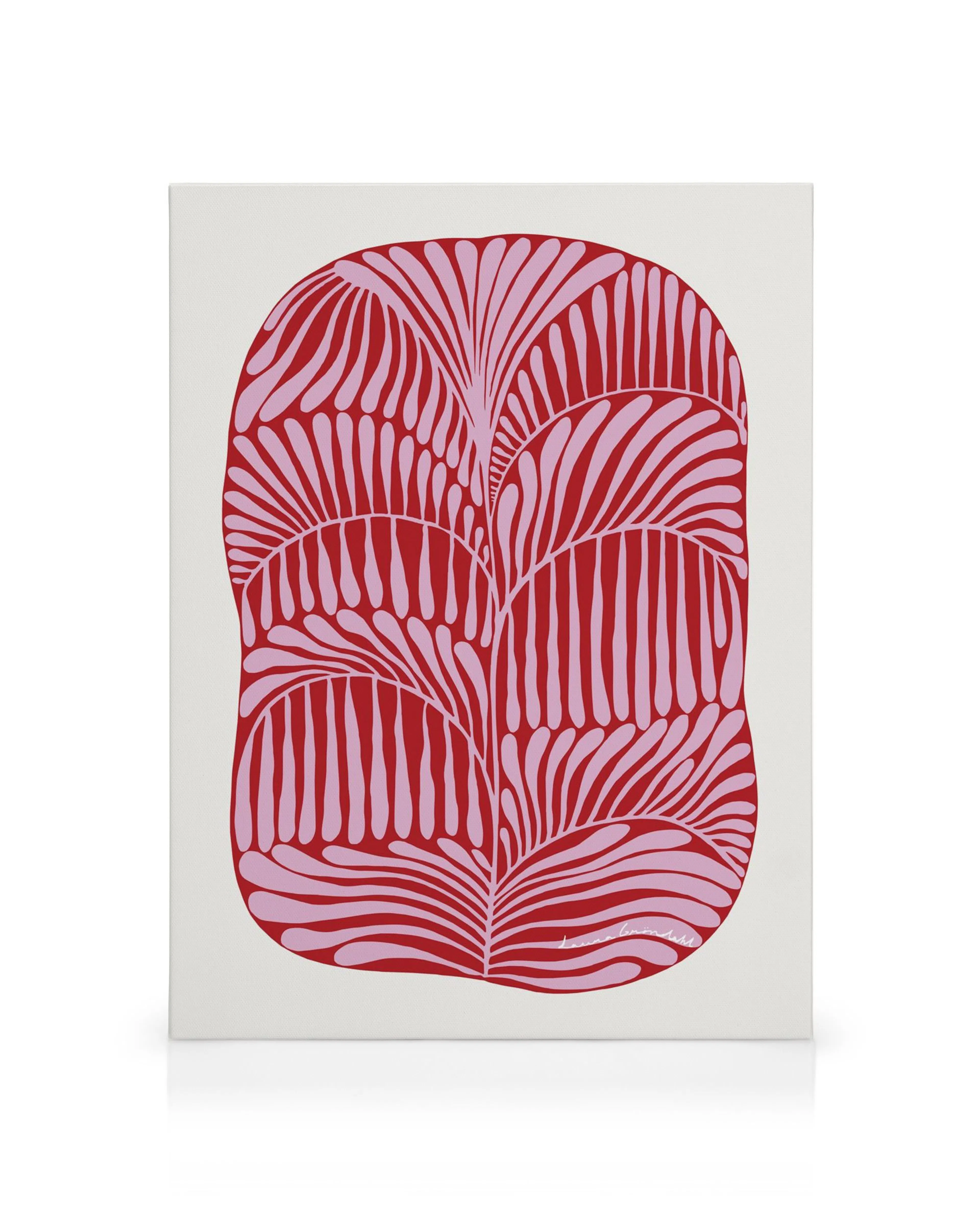 Abstract canvas met rood en roze bladvormen, Laura Gröndahl kunstprint