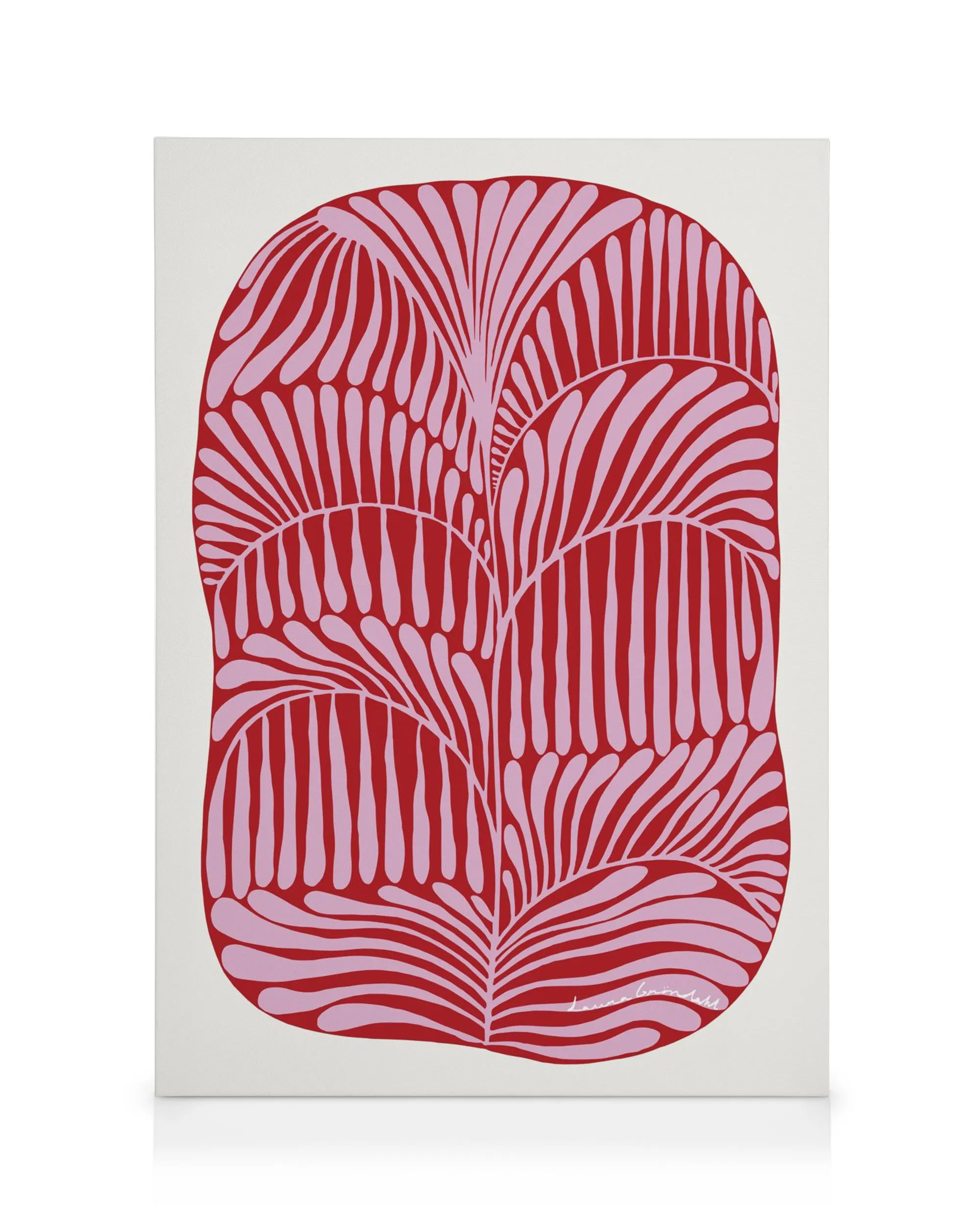 Leinwand mit rosa Pflanzenmuster auf rotem Hintergrund, organische Formen, florales Design, Laura Gröndahl Kunst.