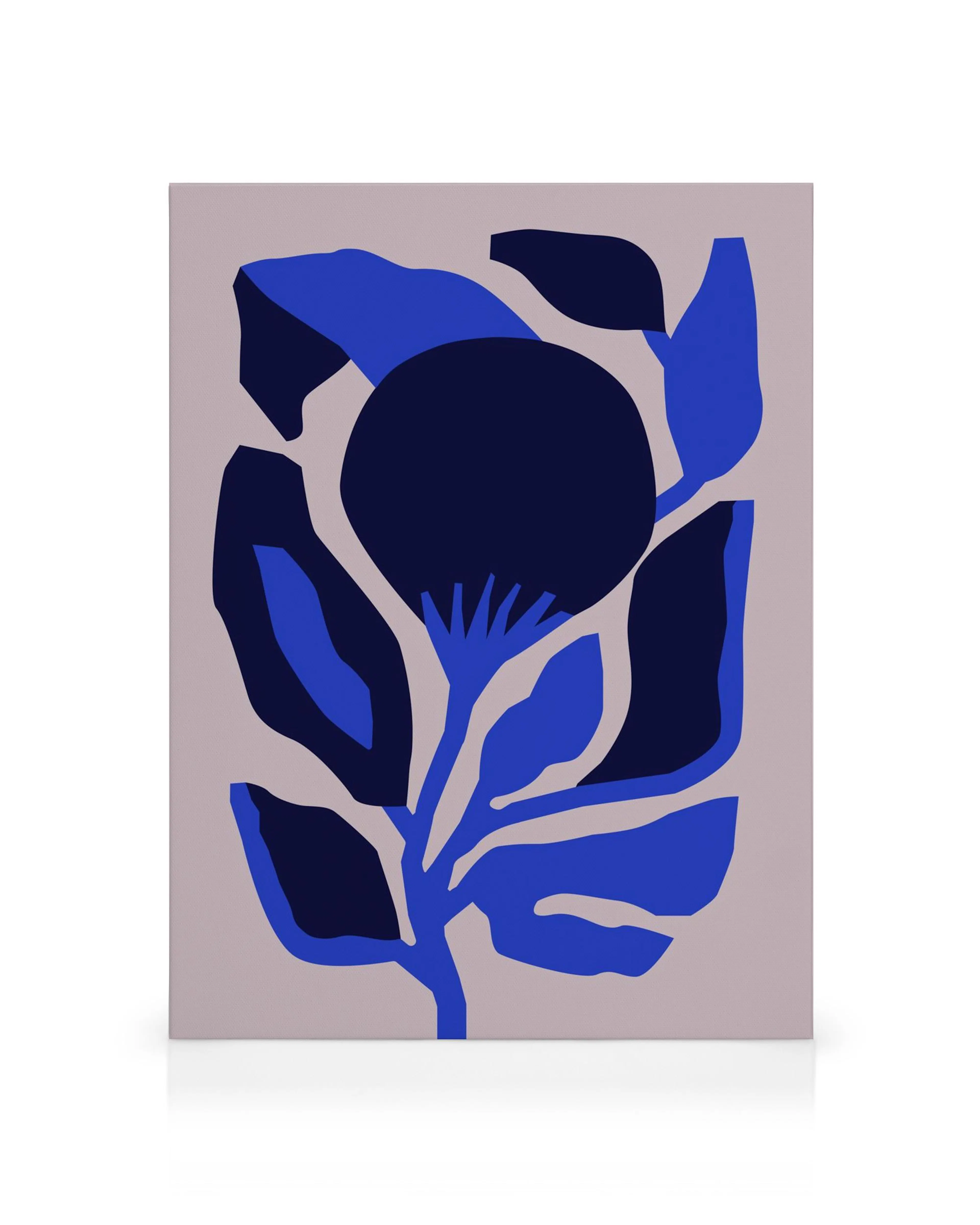 Berenice Hernandez Flor Enero canvas print, abstract floral art in shades of blue and purple on a light background.