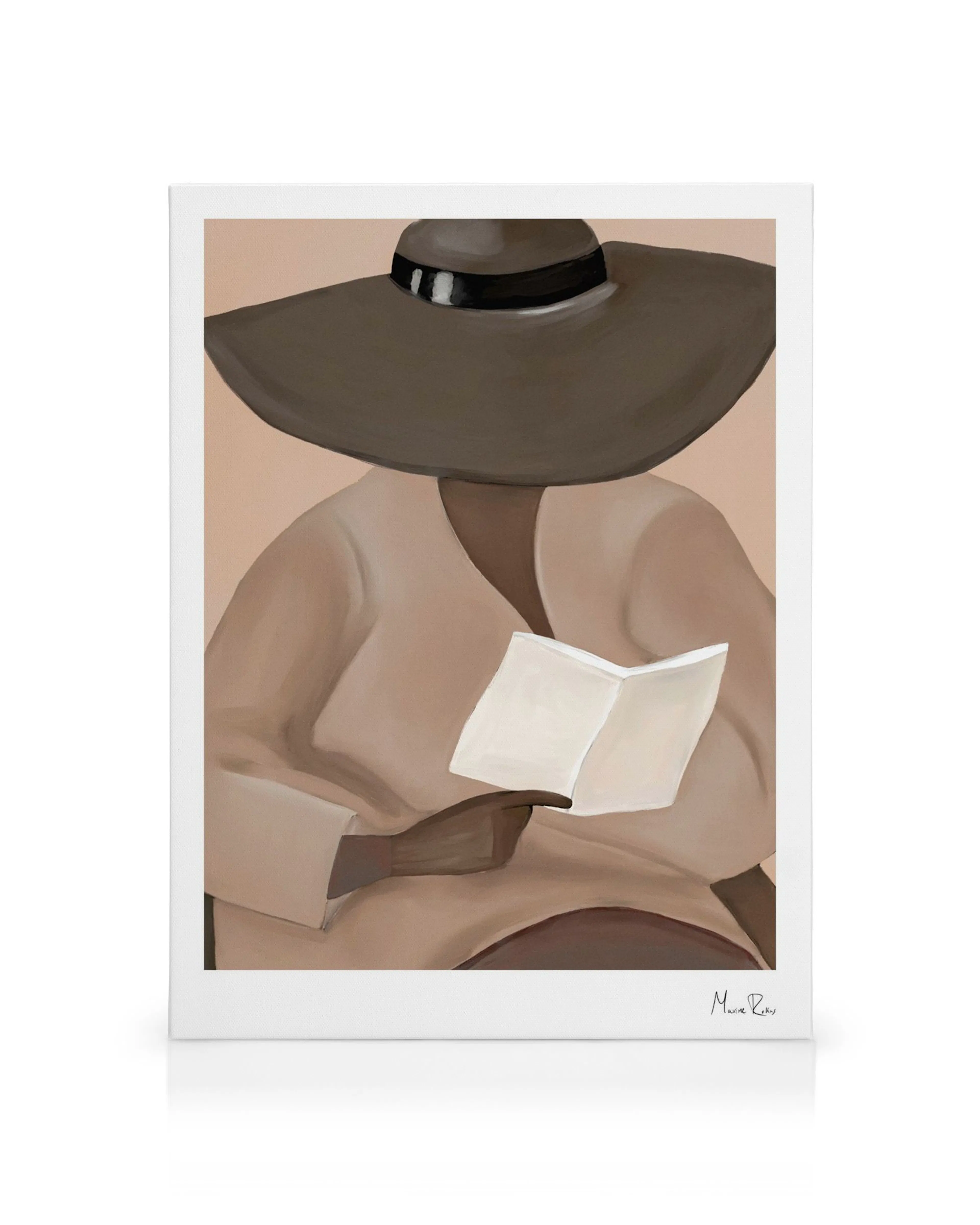 Maxime Rokus canvas print: woman in reading hat, with dark outlines and bright, flat color blocks