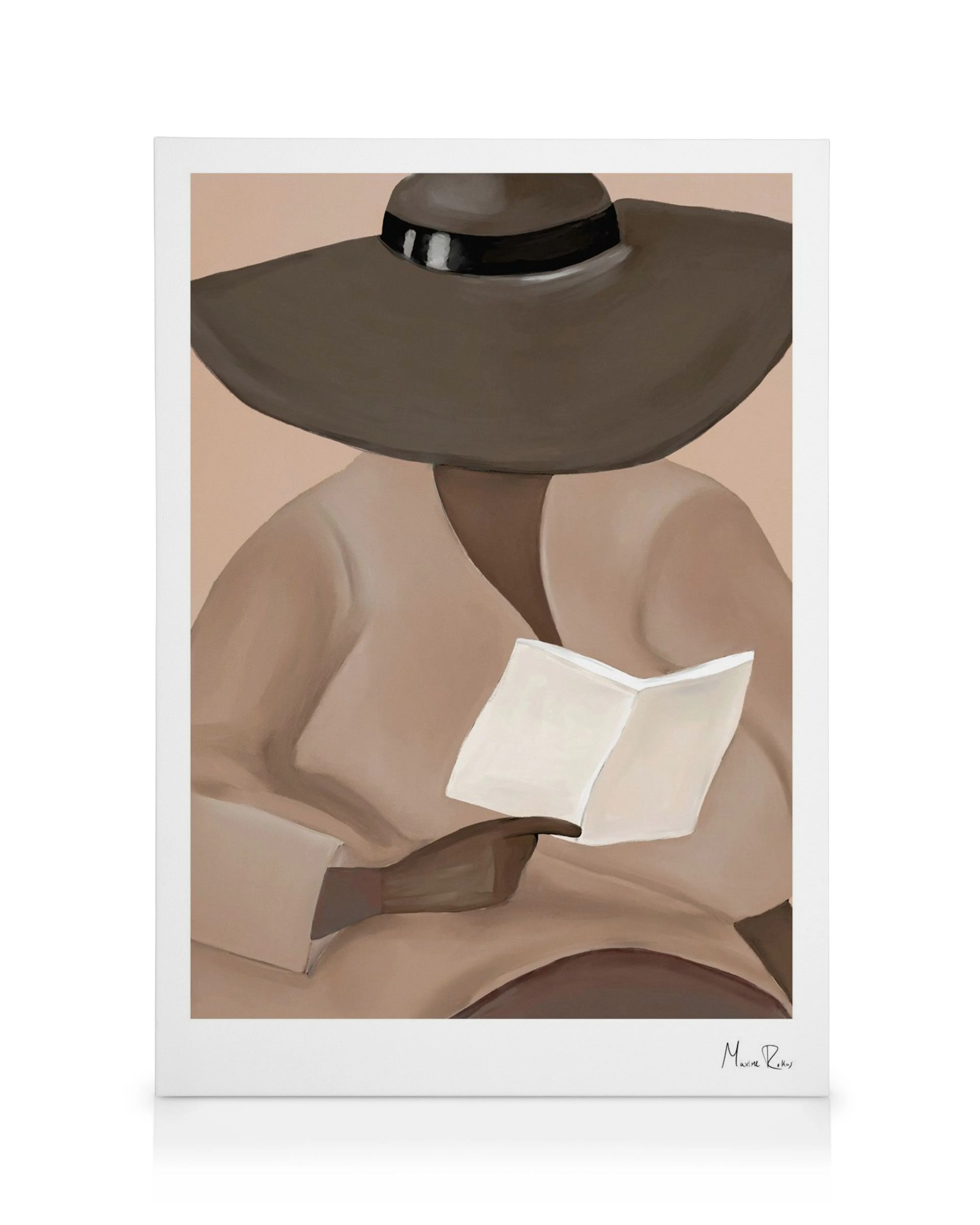 Maxime Rokus Reading Hat canvas depicts a woman in a wide-brimmed hat, engrossed in a book, rendered in warm, soft tones.