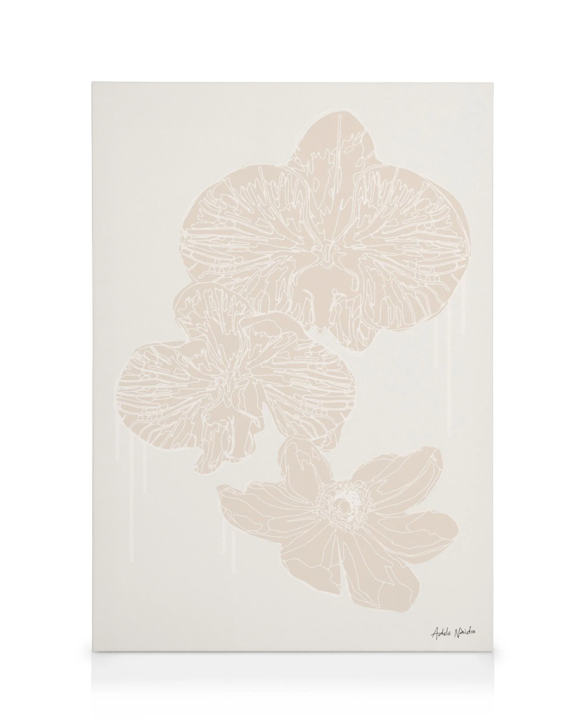 Santorini canvas by Adele Naidoo, depicting a white villa overlooking the blue Aegean Sea, with blooming pink flowers.