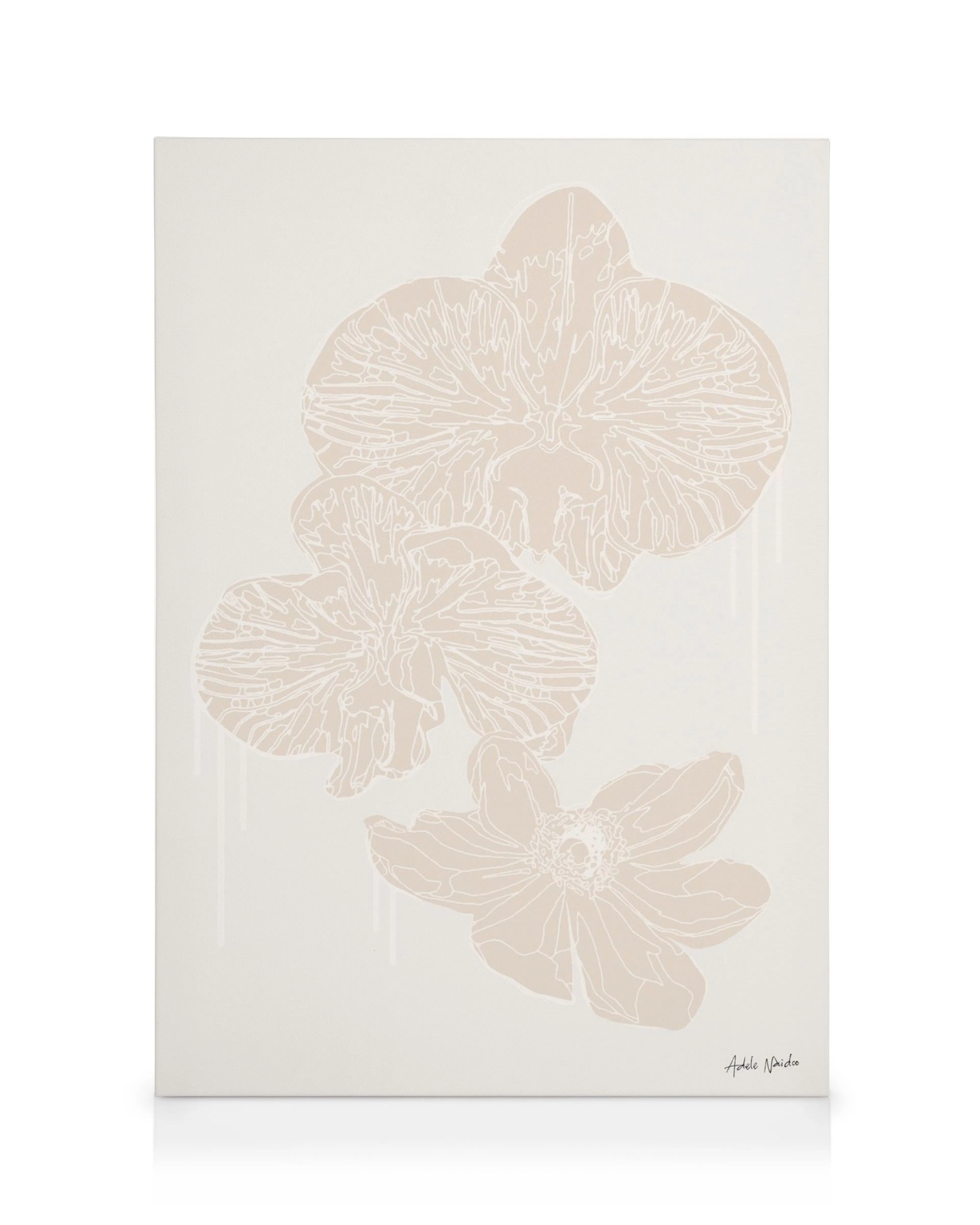 Santorini canvas by Adele Naidoo, depicting a white villa overlooking the blue Aegean Sea, with blooming pink flowers.