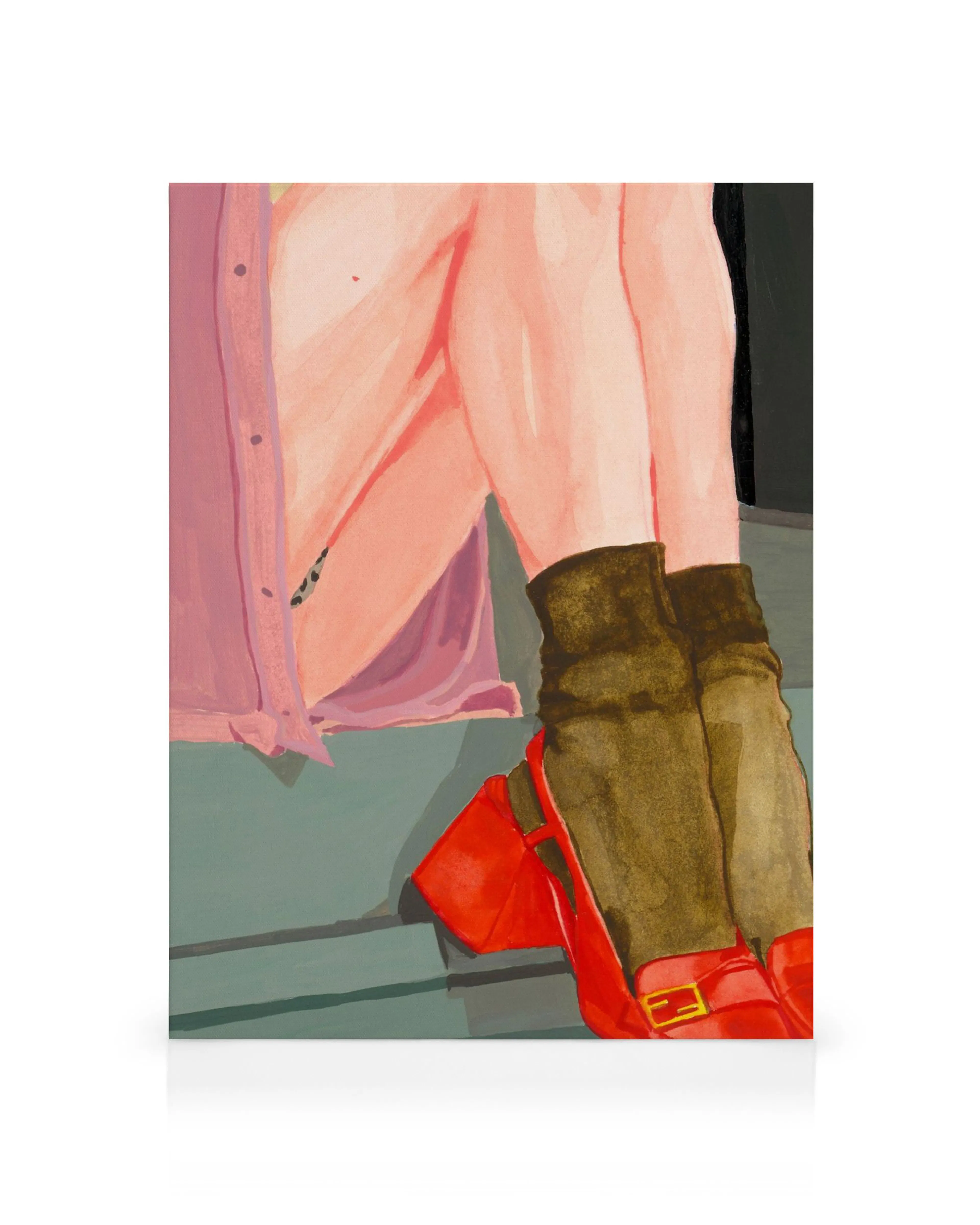 Pintura de piernas femeninas con botas marrones, tacones rojos y falda rosa sobre fondo gris verdoso.