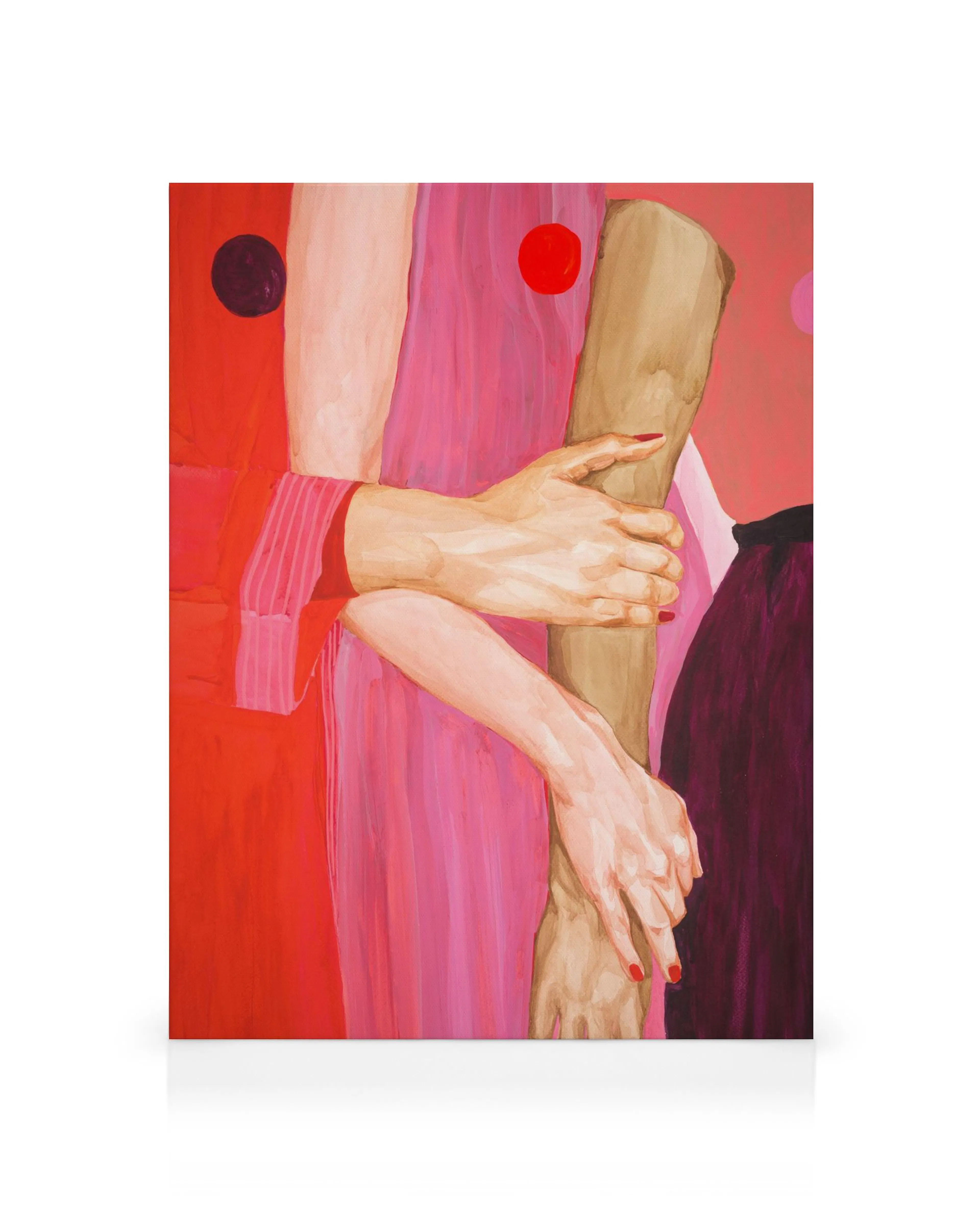 Sophia Novosel - Het is een canvas van twee handen die elkaar vasthouden tegen een rode, roze, beige abstracte achtergrond.