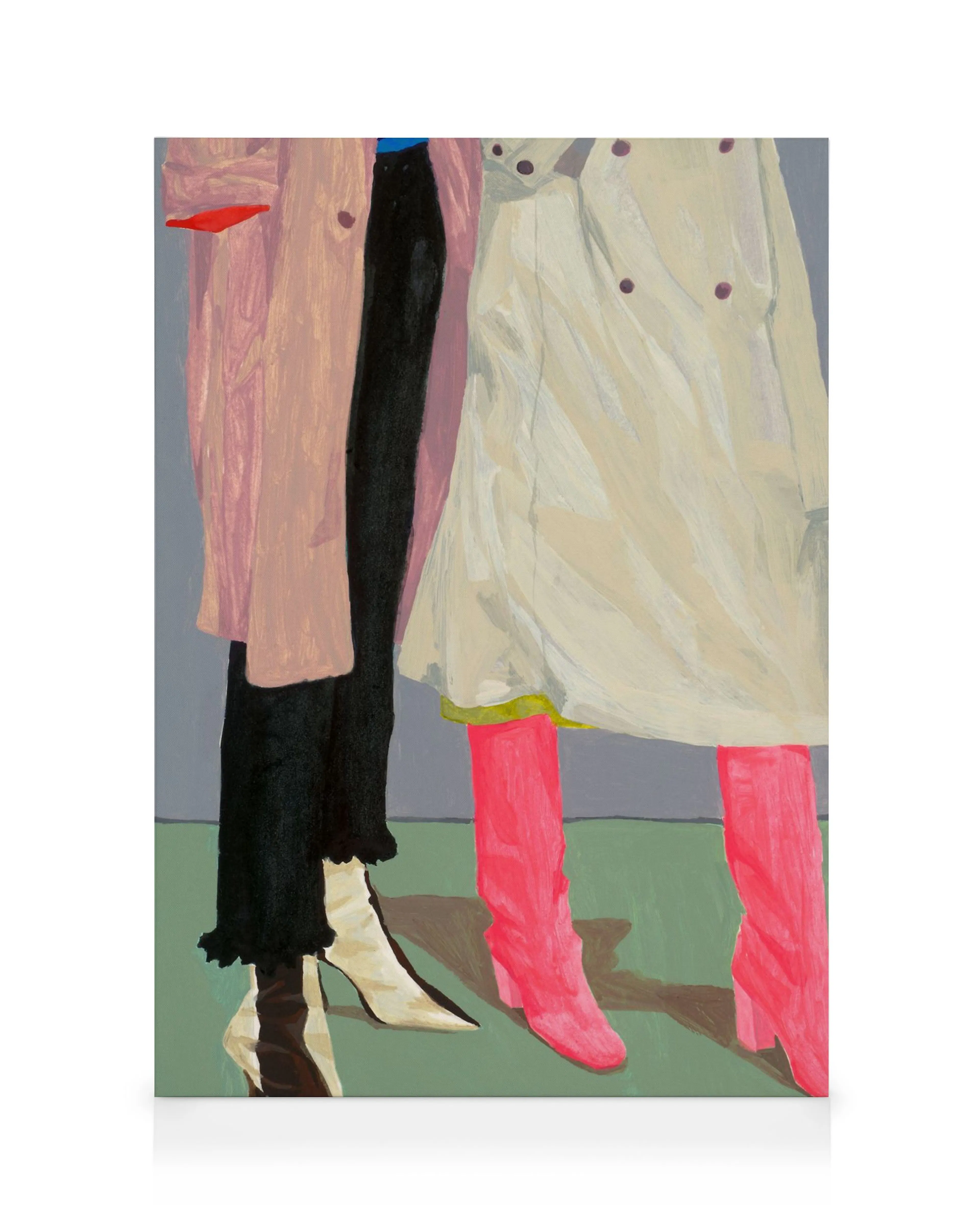 Canvas print of two sets of legs, one in pink boots and beige coat, the other black trousers and white boots.