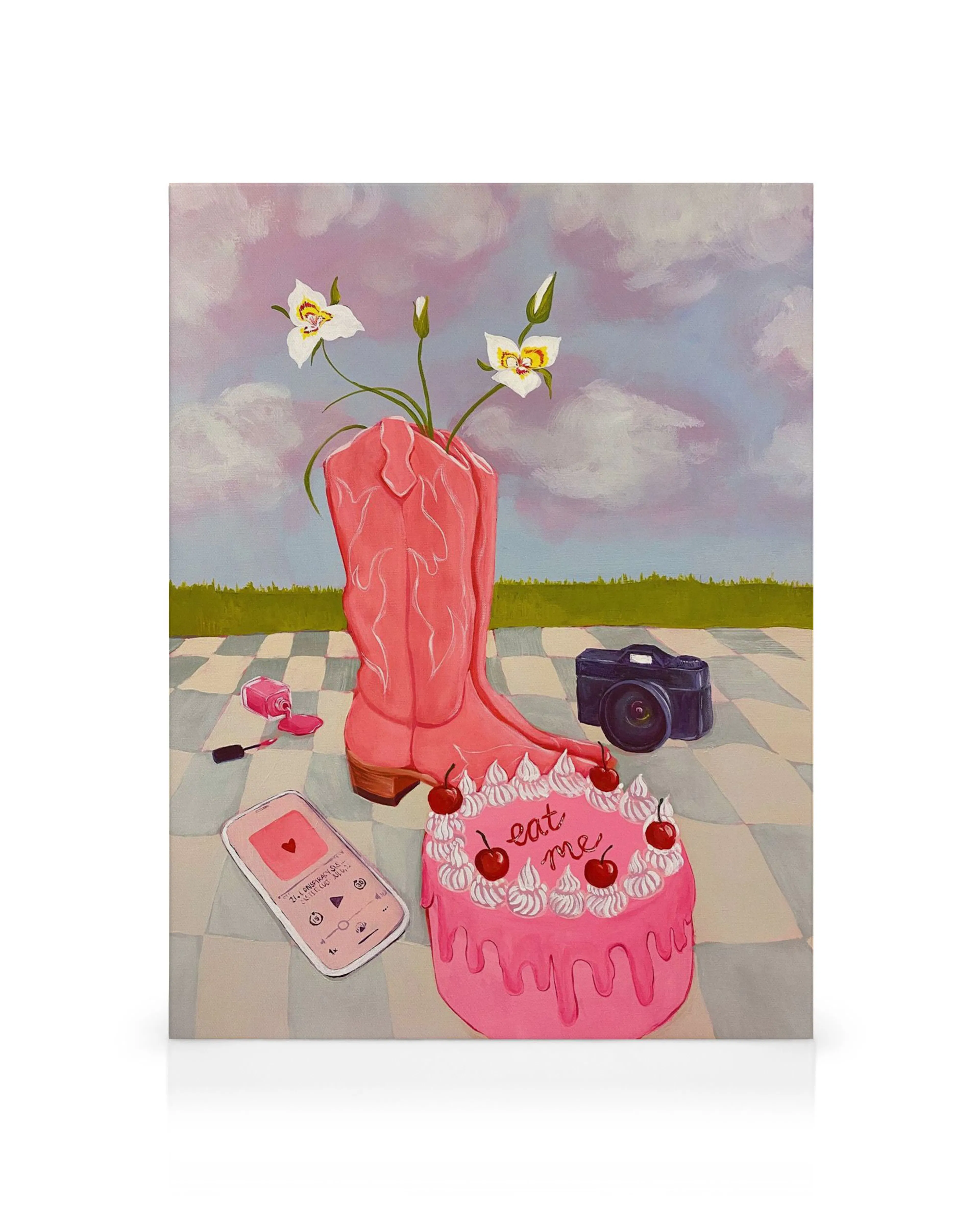 Lærred med lyserød cowboy støvle som vase med blomster, lyserød kage, neglelak og kamera på ternet picnic tæppe.