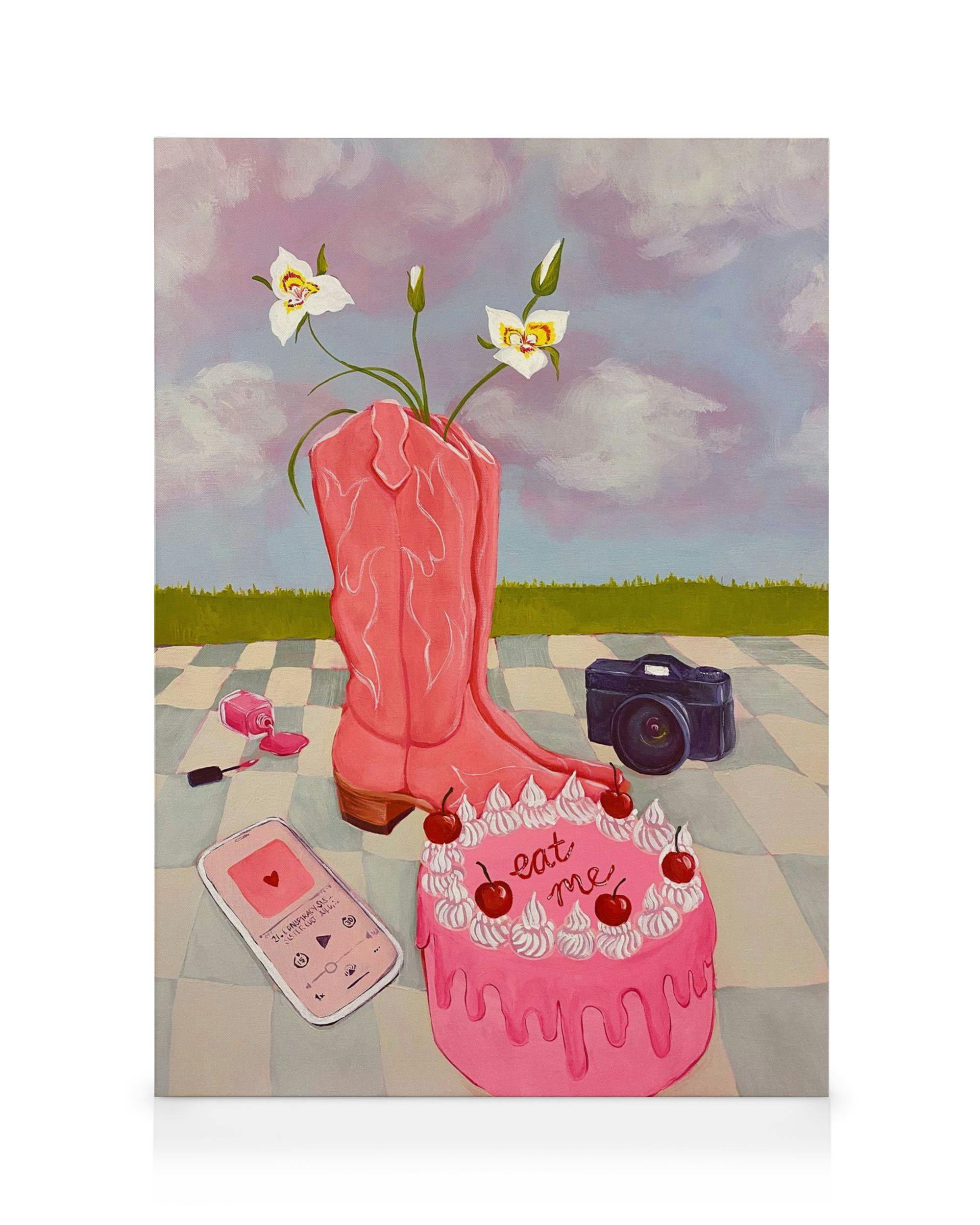 Canvastavlor Lindsey Cherek - Still Life with Fake Cake Canvastavla (50x70 cm - Svart ram)