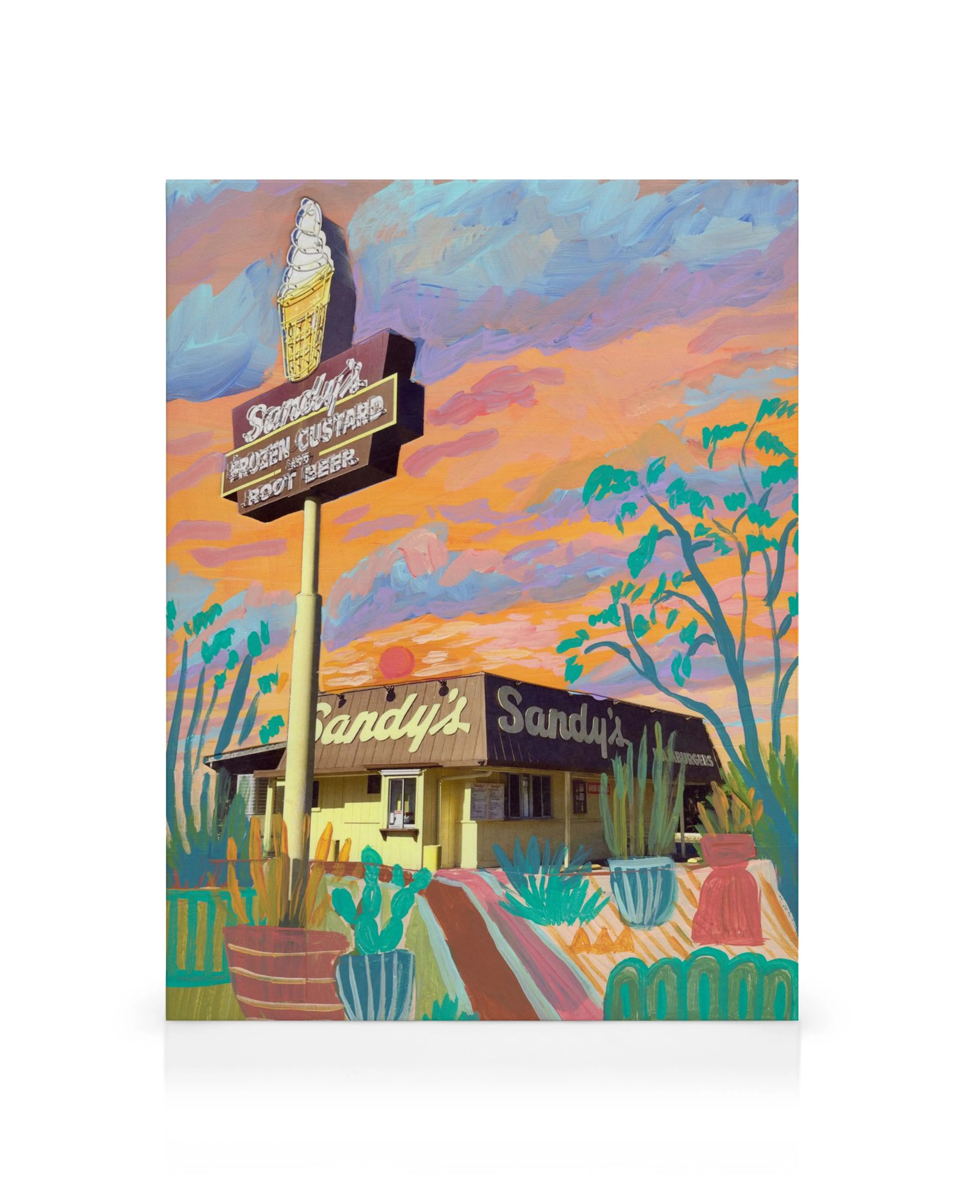 Toile de Sandys à Austin. Bâtiment jaune avec enseigne, ciel orange, bleu et violet, végétation luxuriante.