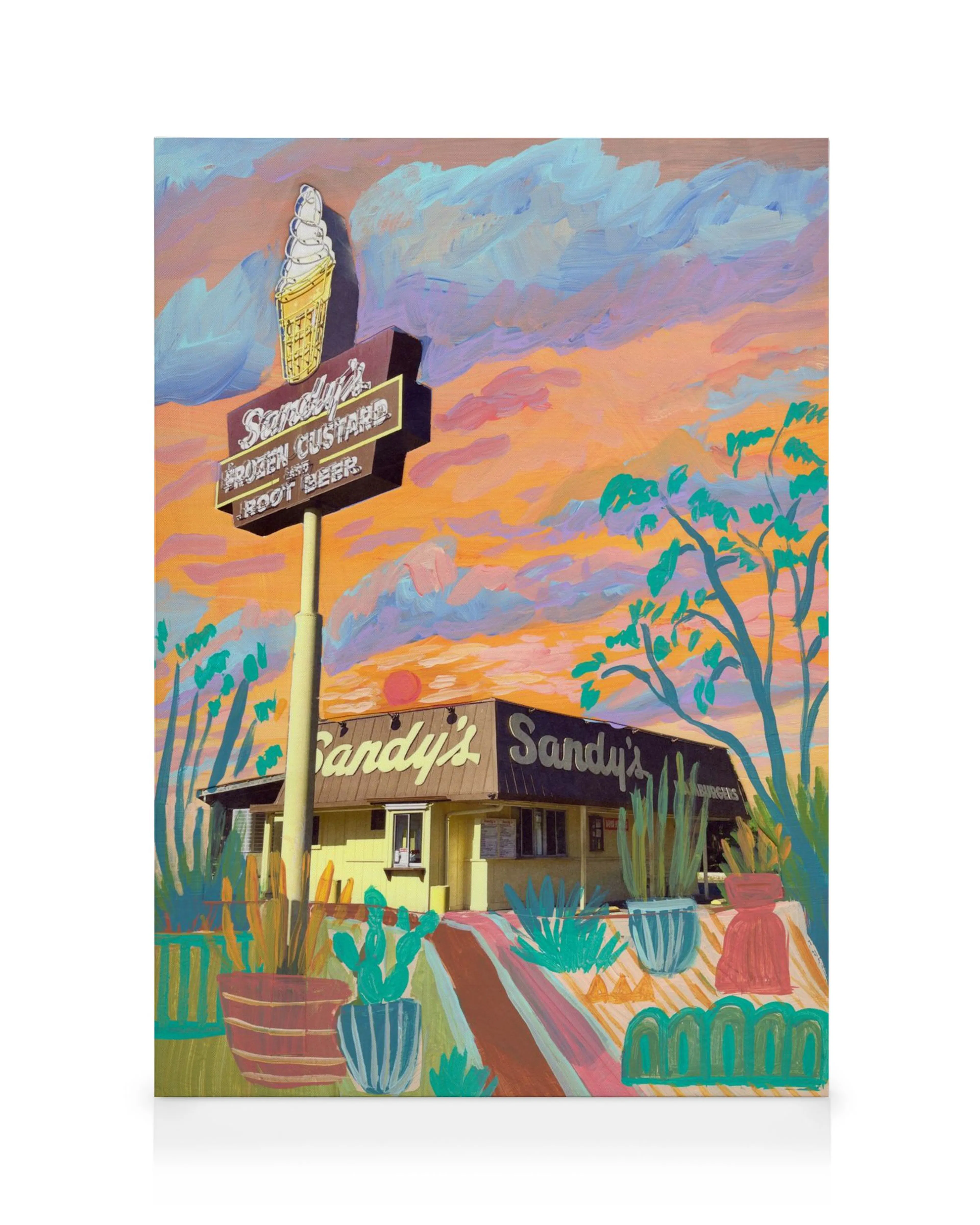 Toile Sandys à Austin, ciel orange, bleu, violet, bâtiment jaune, plantes vertes luxuriantes