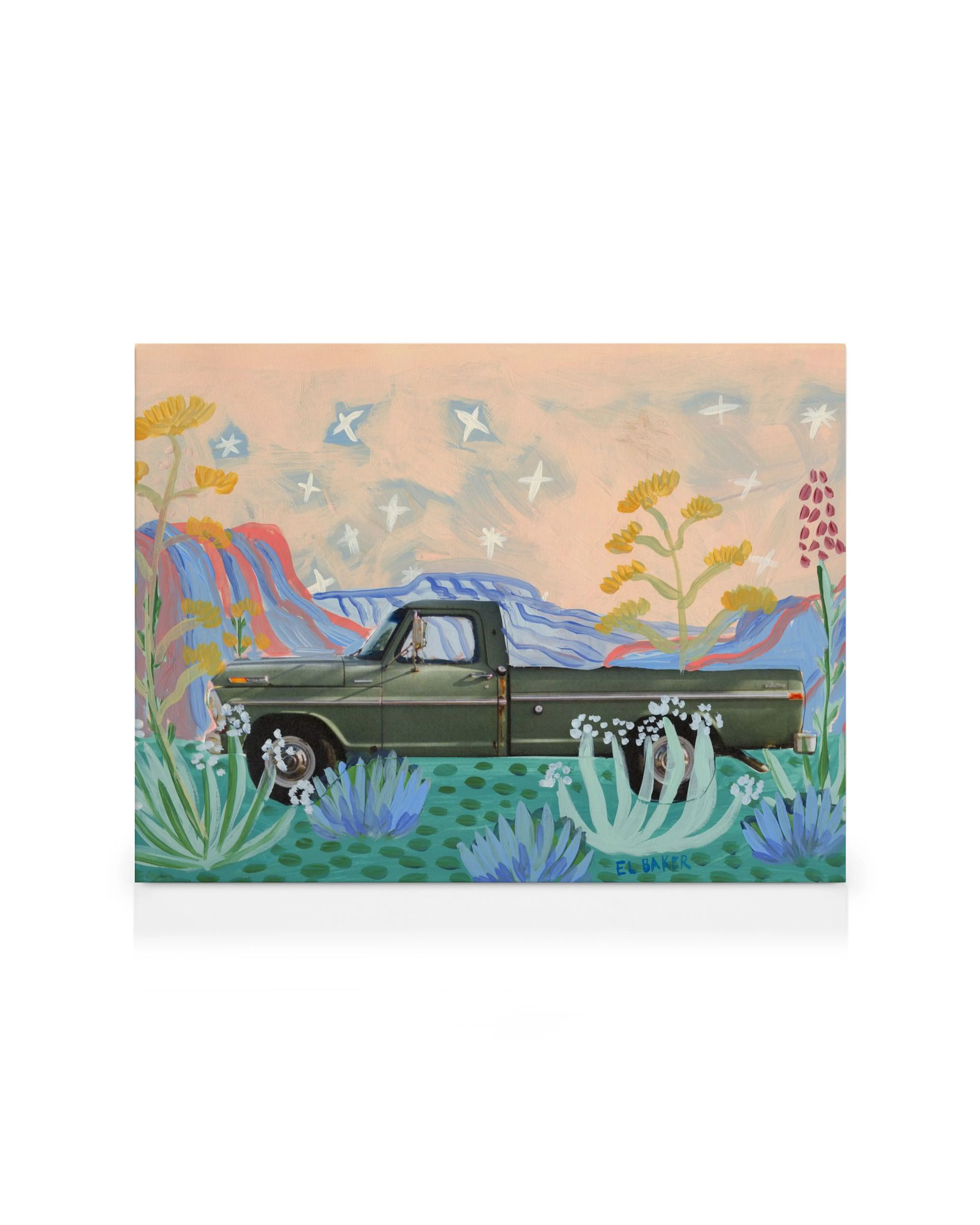 Stylised painting of a green West Texas truck surrounded by plants, colourful hills, and white birds against a peach sky.