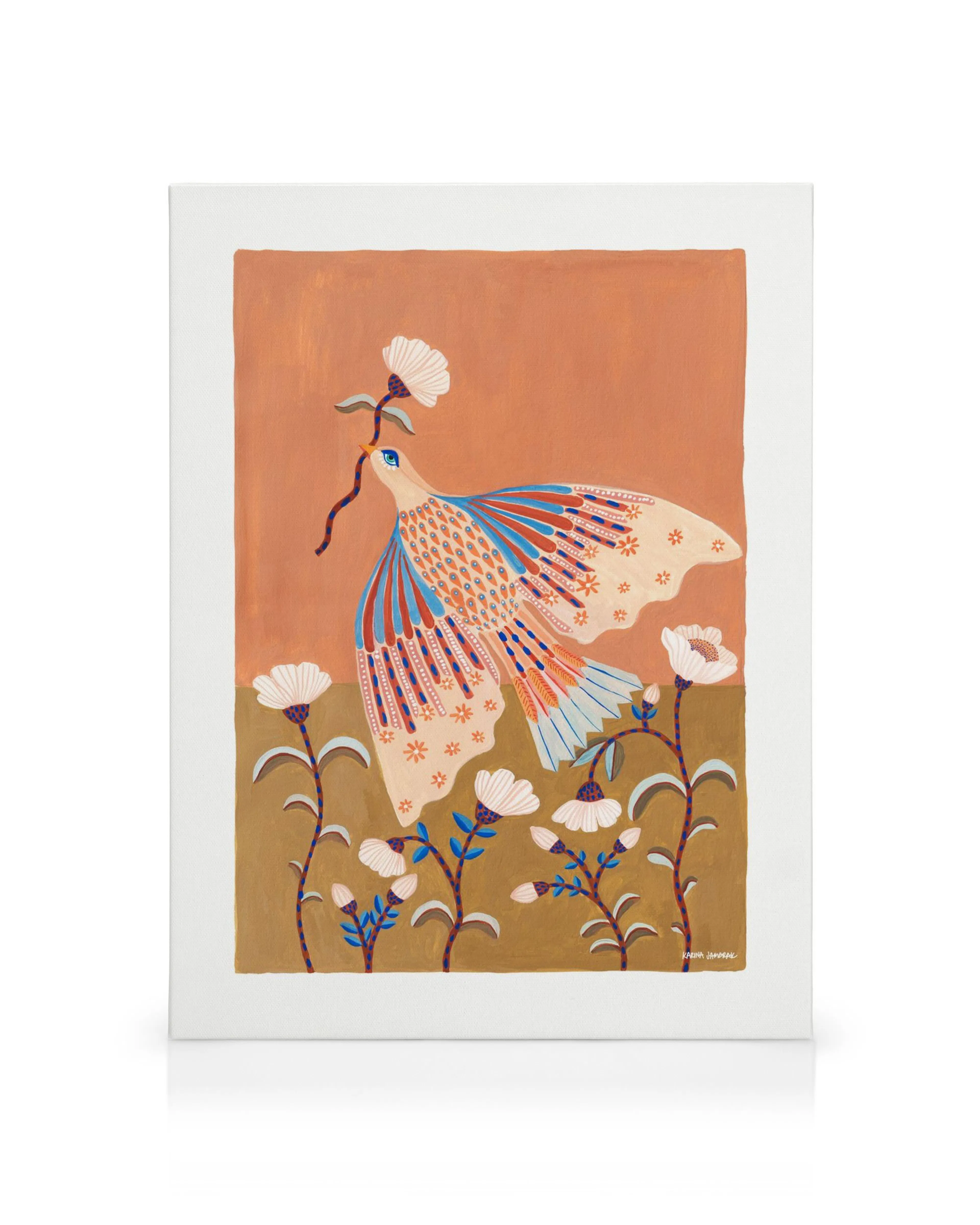 Leinwandbild mit pastellfarbenem Vogel, der eine Blume hält, umgeben von weißen Blüten auf braunem und rosafarbenem Hintergrund.
