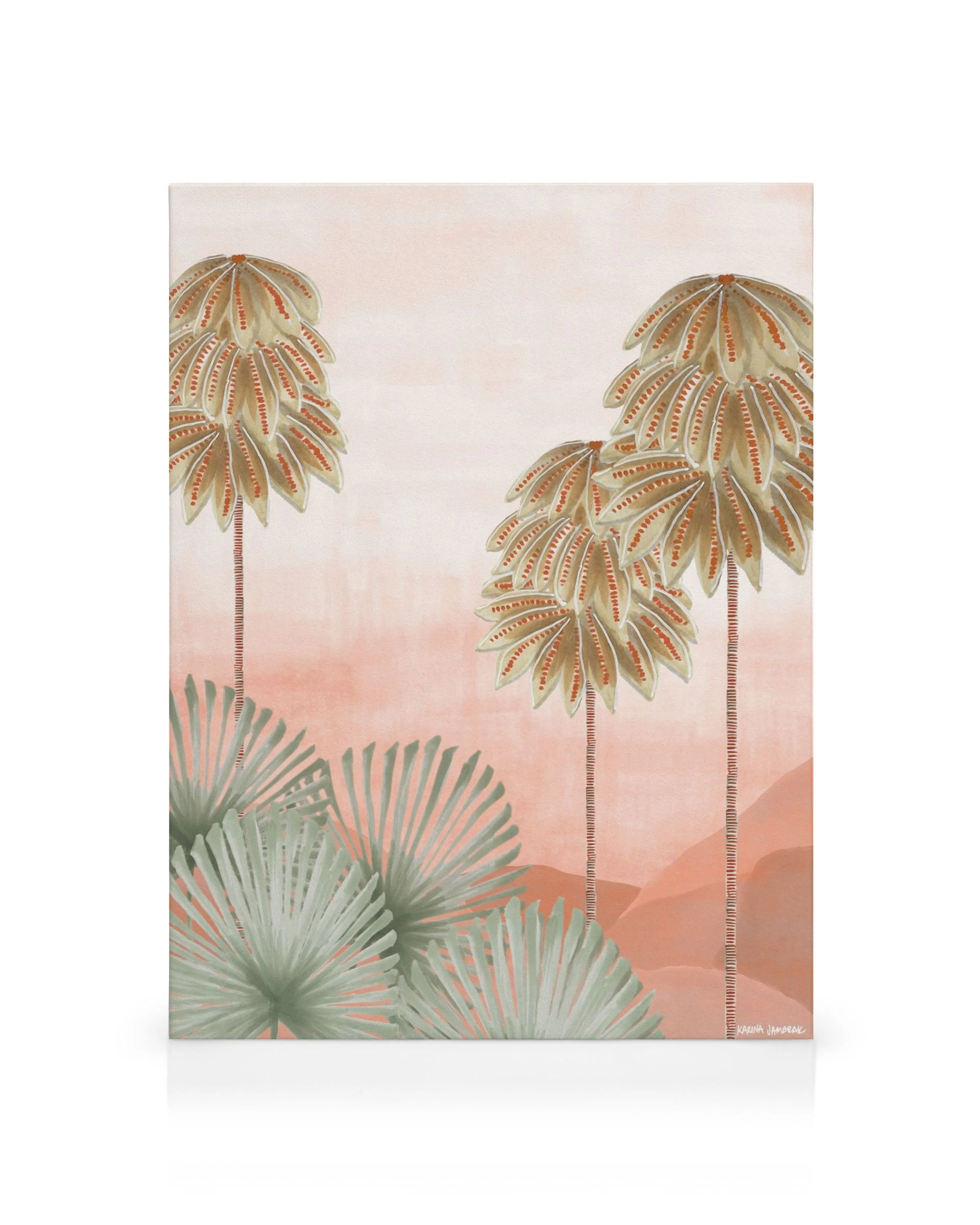 Tropical landscape canvas print with fan palms and lush green foliage against a pink and orange sky.