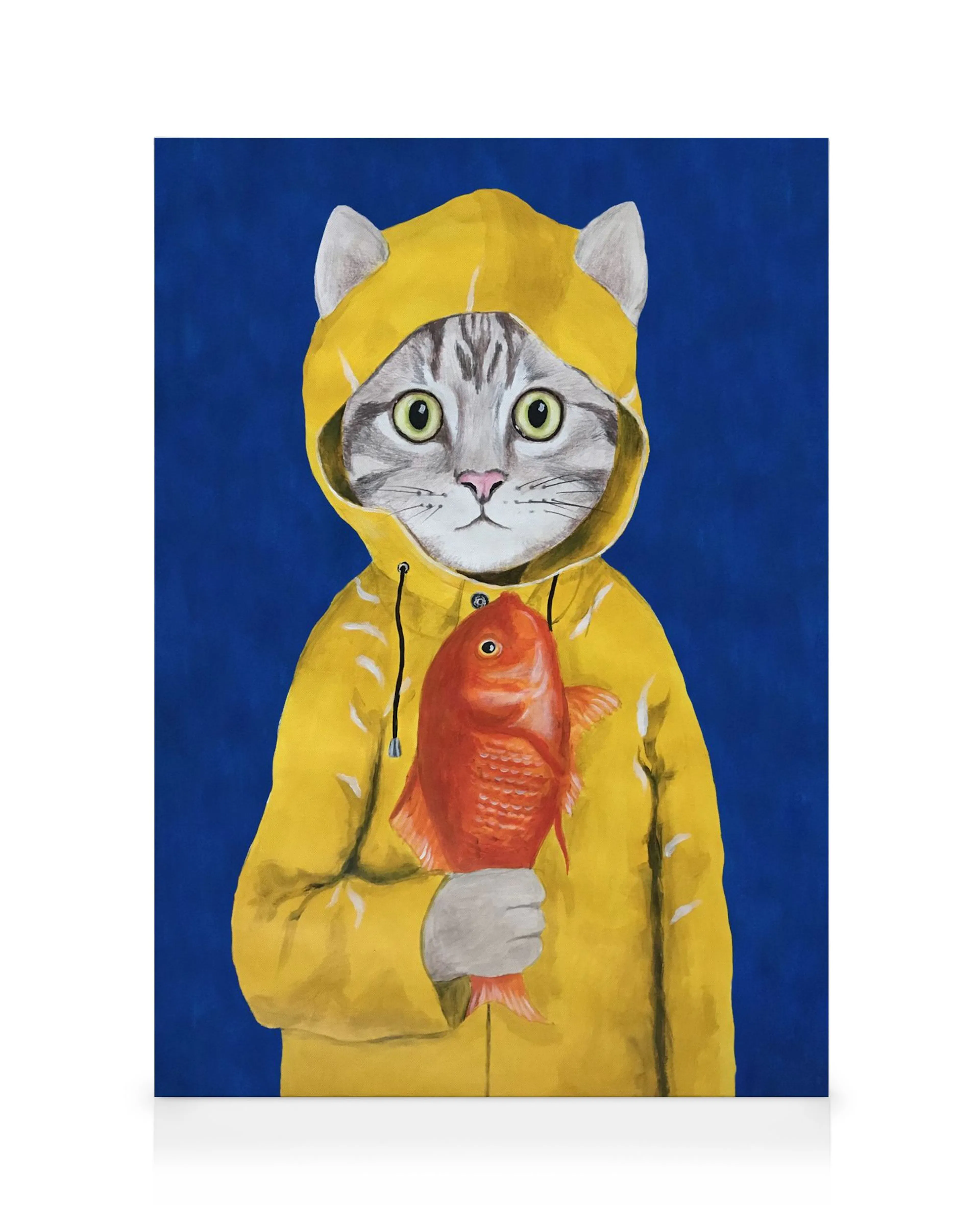 Illustrated cat with human body in yellow hoodie holding an orange fish against a blue background, fun wall art.