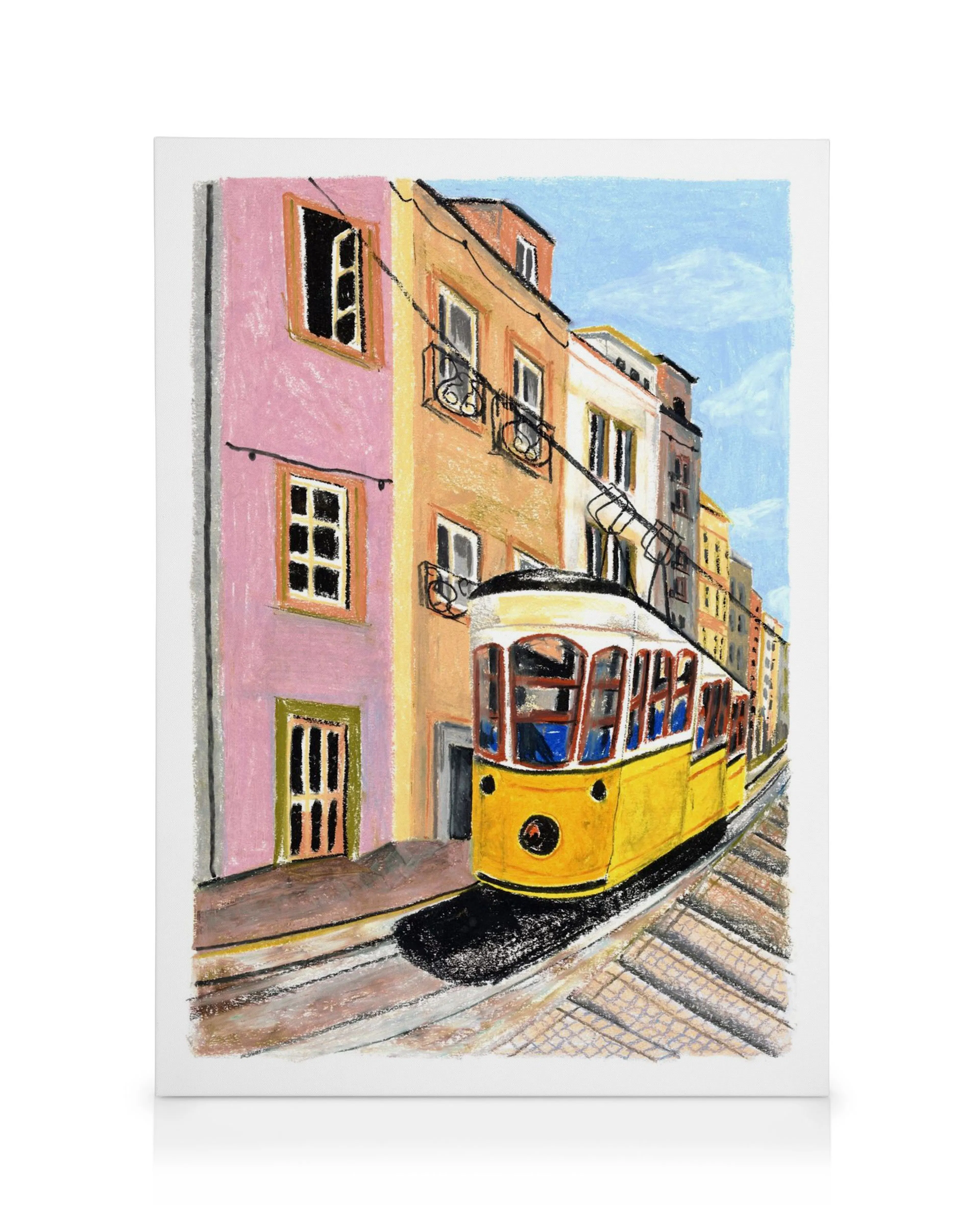 Pastellzeichnung von Lissabon mit gelber Straßenbahn und farbigen Gebäuden unter blauem Himmel.