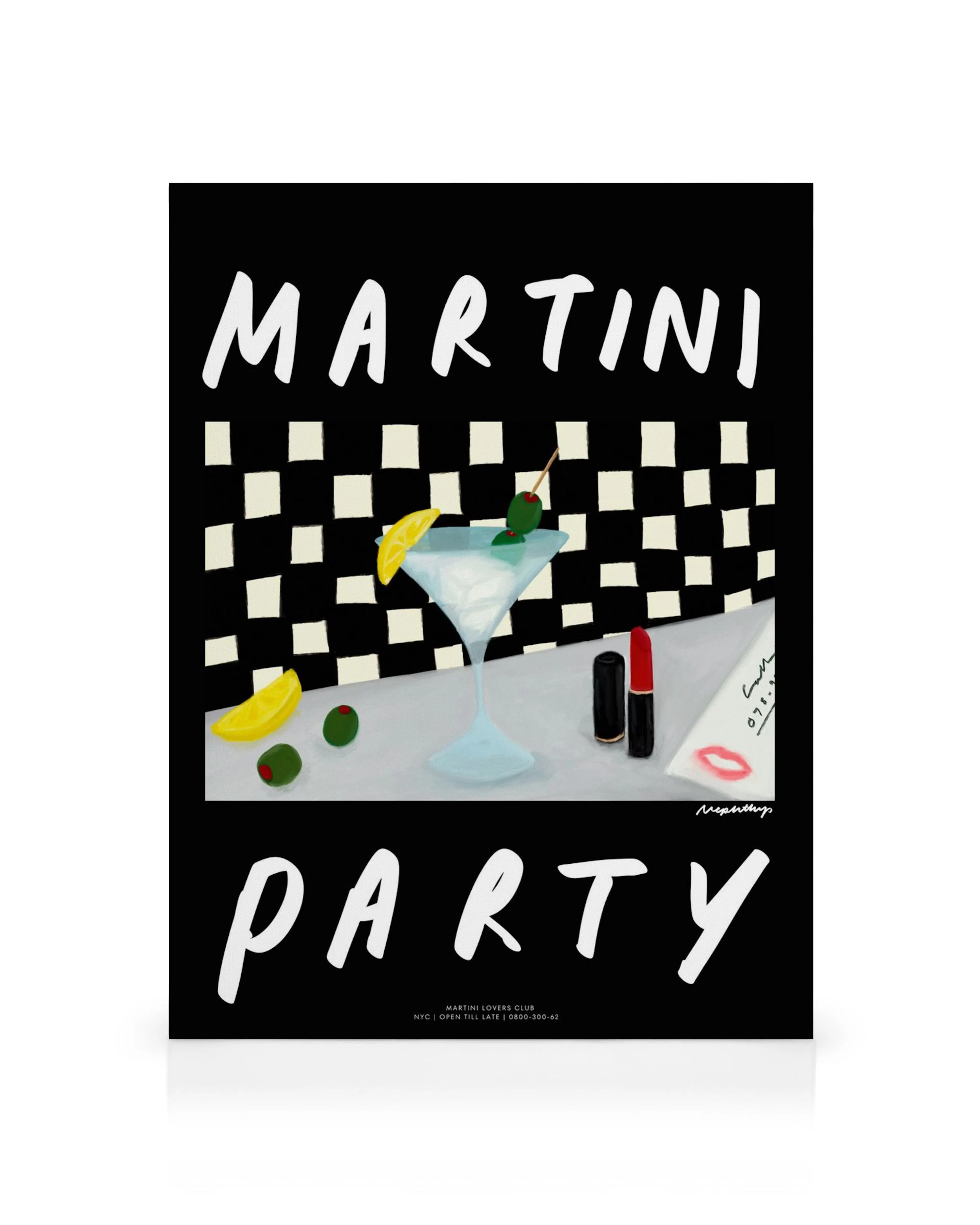Canvas Martini Party met martini glas, olijven, citroen en lippenstift op zwart-wit dambord motief.