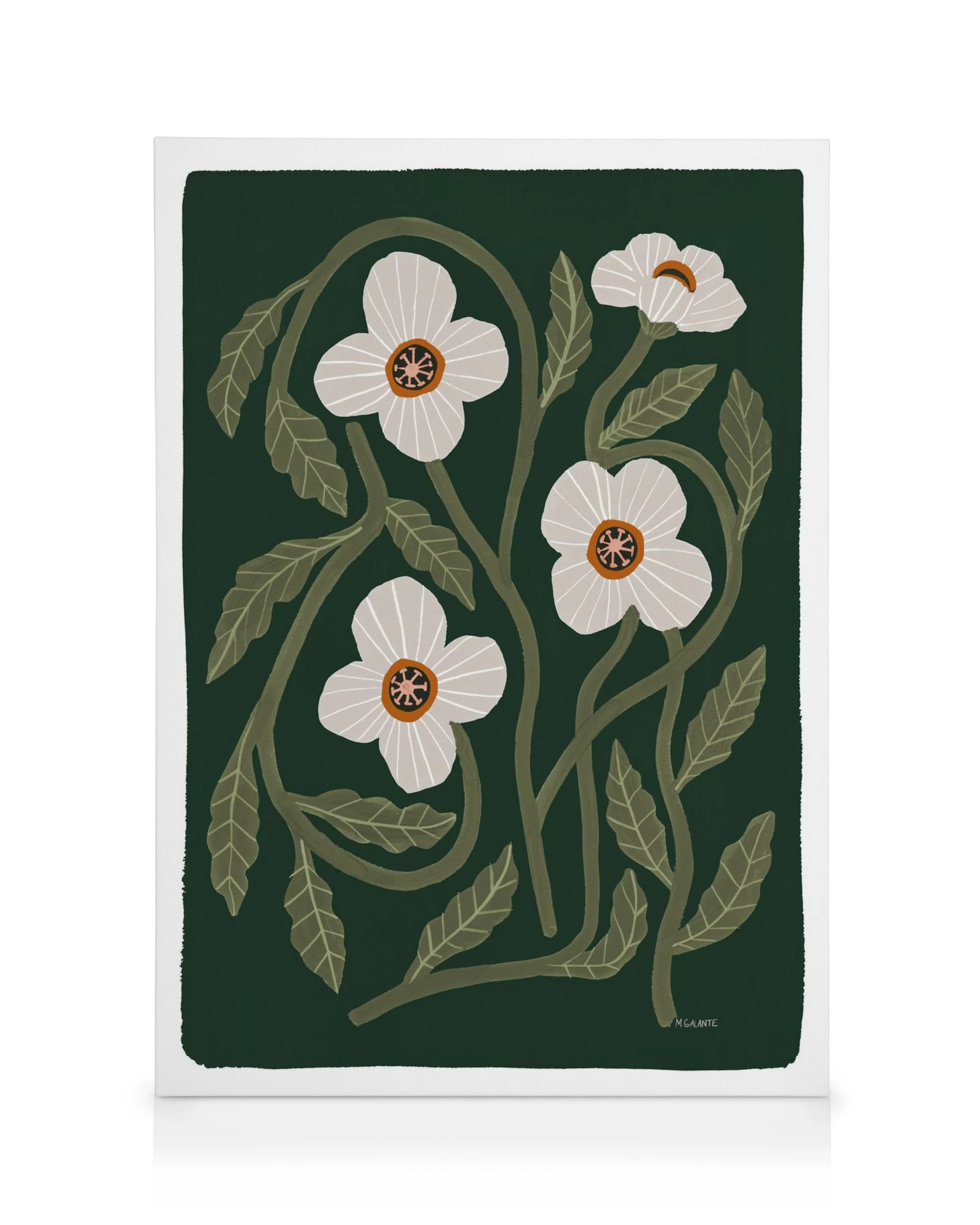 Megan Galante California Poppy canvas print, featuring stylized cream poppies with orange and black centers on dark green vines 
