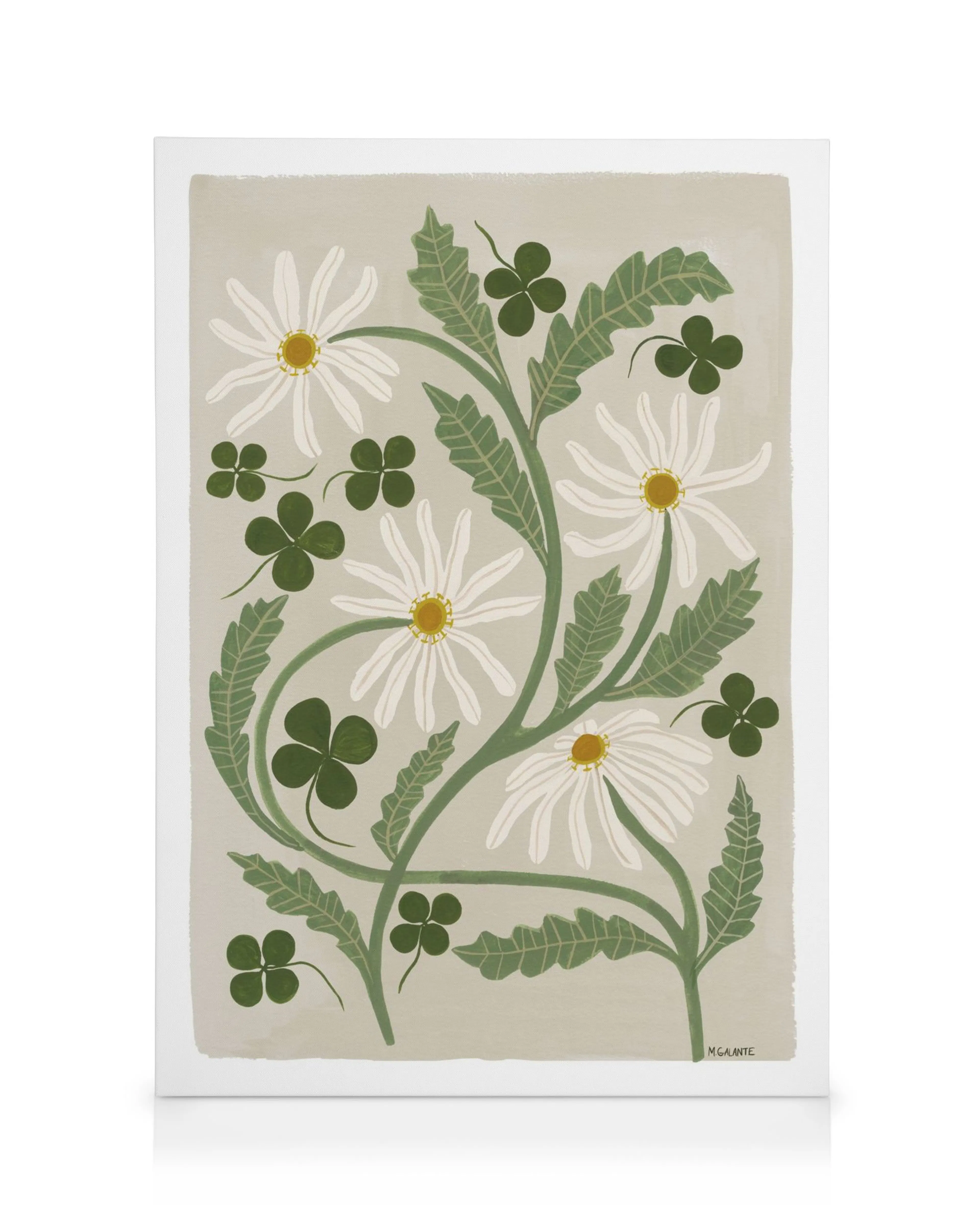 Tela con fiori di trifoglio bianco stilizzati, foglie verdi, e sfondo beige. Stampa floreale botanica.