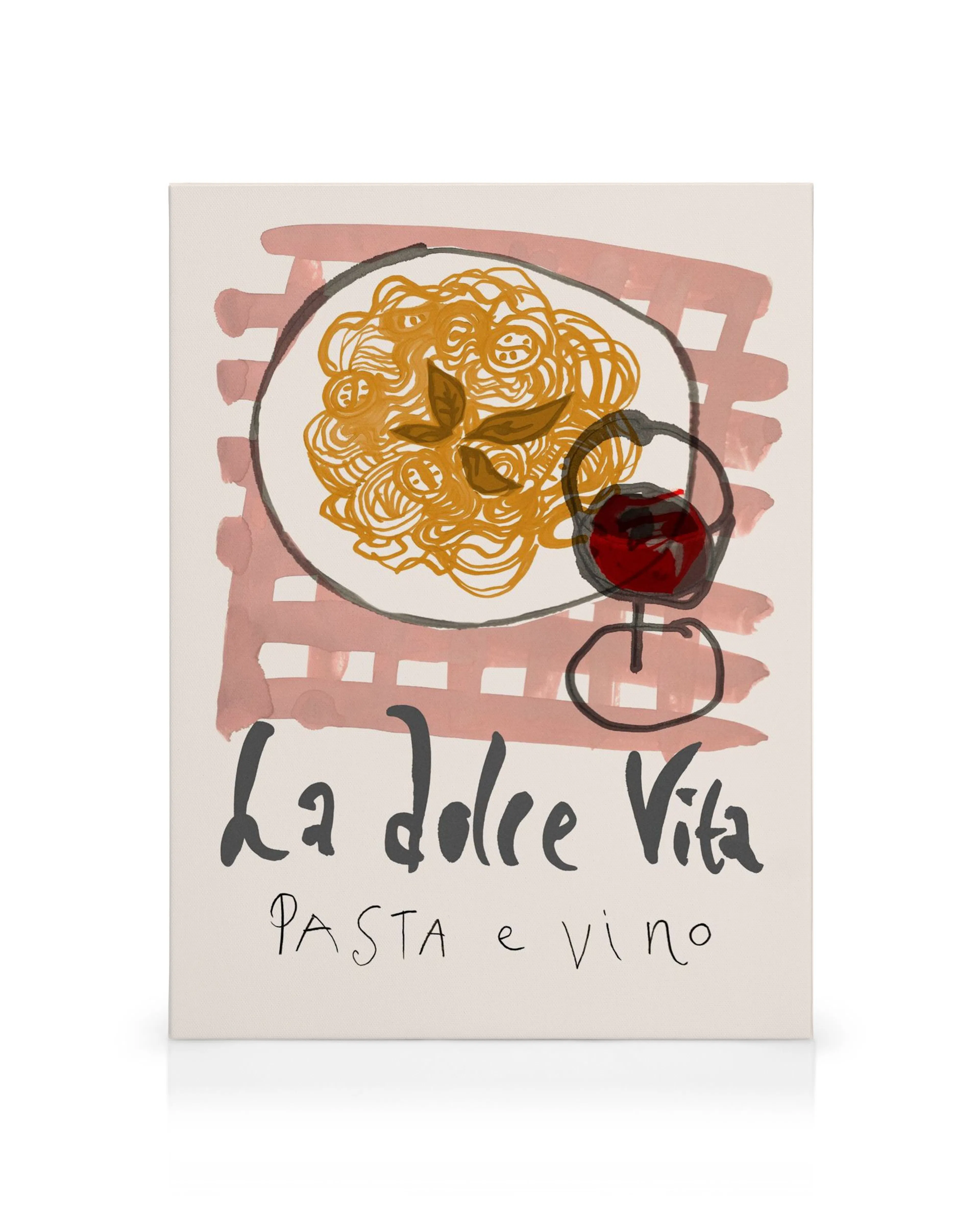 Sissan Richard La Dolce Vita canvas: Italiaanse maaltijd met pasta, rode wijn, en de tekst La Dolce Vita.