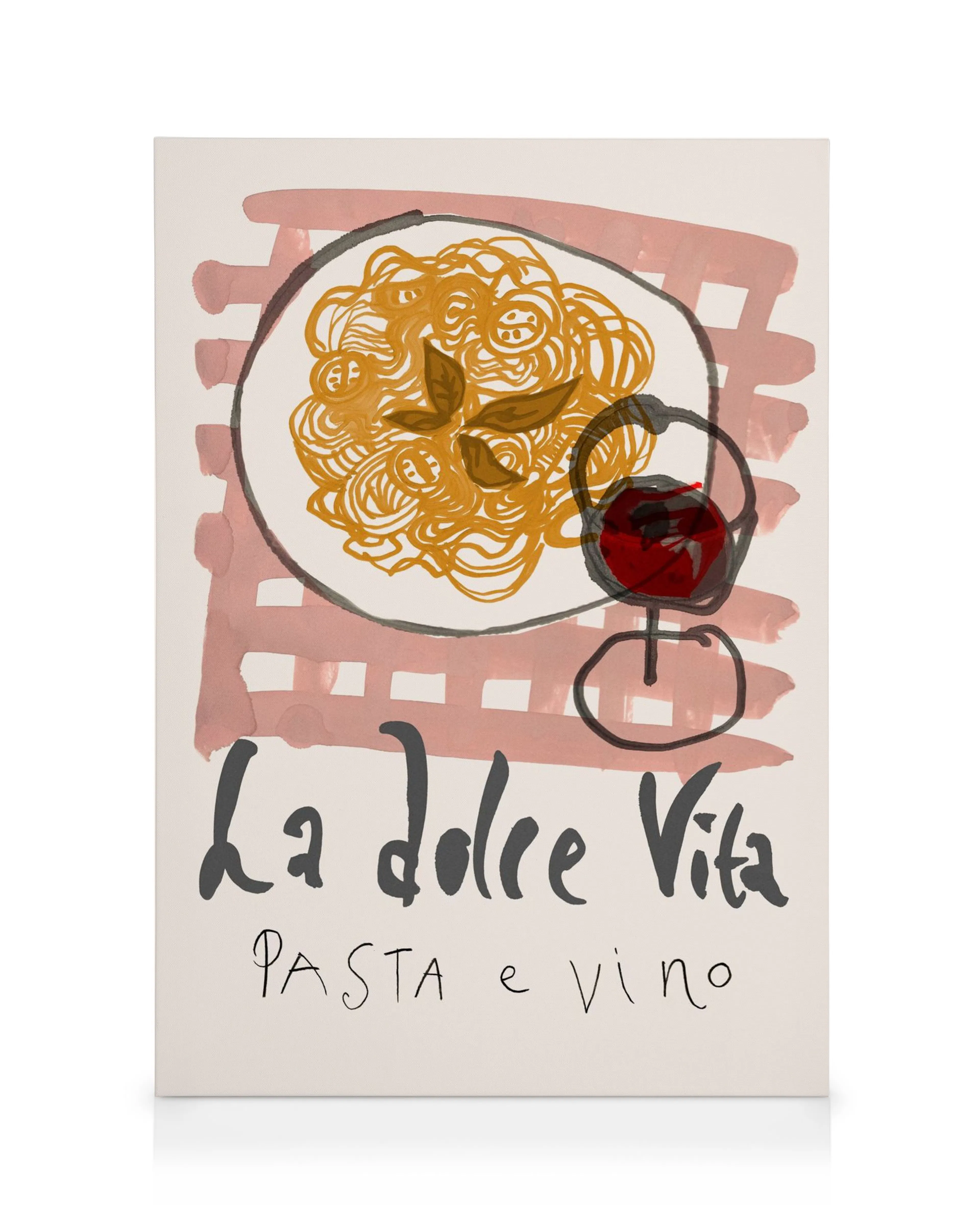 Canvastavla med handritad pasta, rödvin, rosa rutmönster, och texten La Dolce Vita Pasta e Vino i svart.