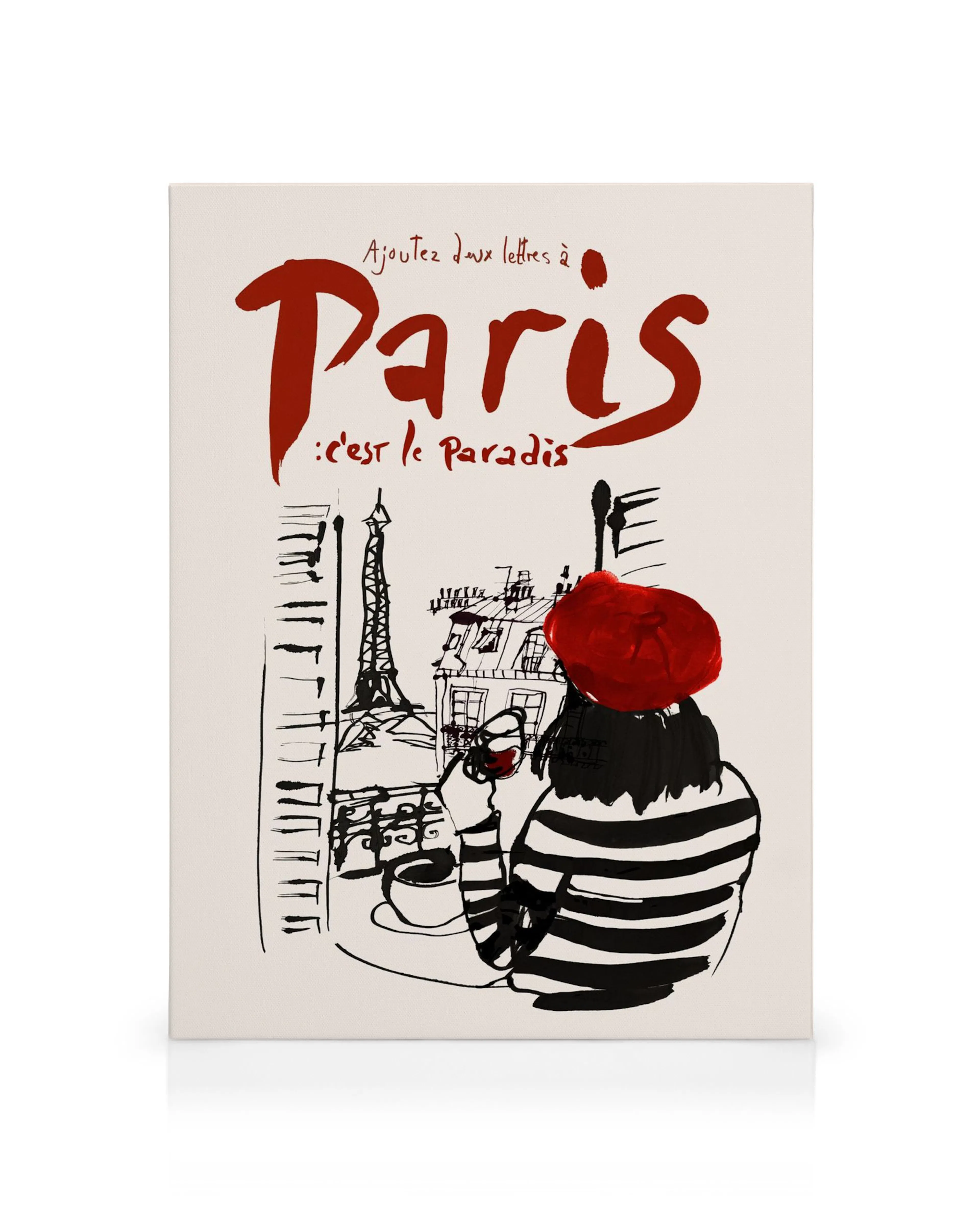 Nainen punaisessa baretissa ja raidallisessa paidassa juo viiniä Pariisissa Eiffel-tornin edessä. Kanvaasitaide.