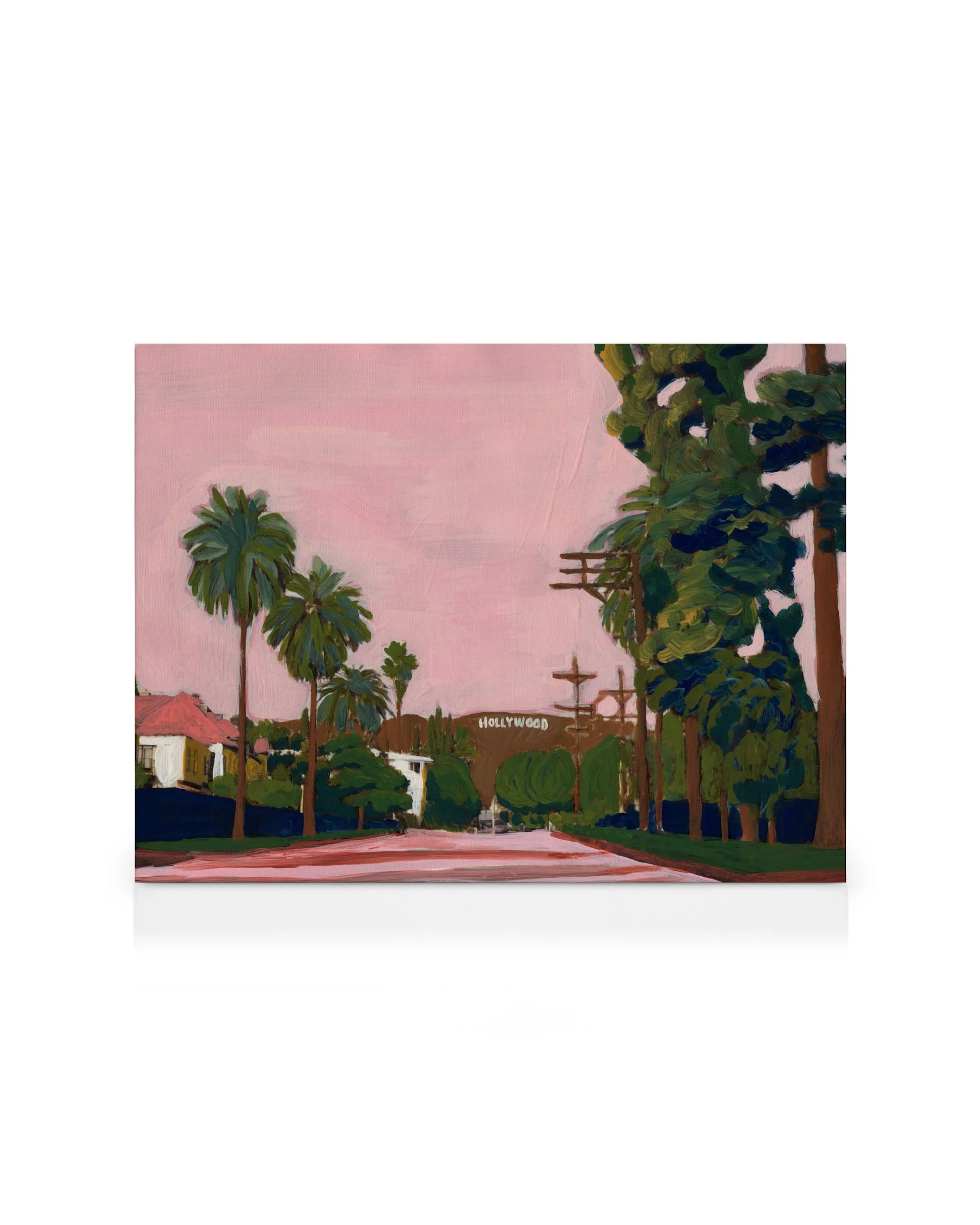 Stampa su tela Hollywood con palme, case, cielo rosa e il cartello Hollywood in stile piatto.