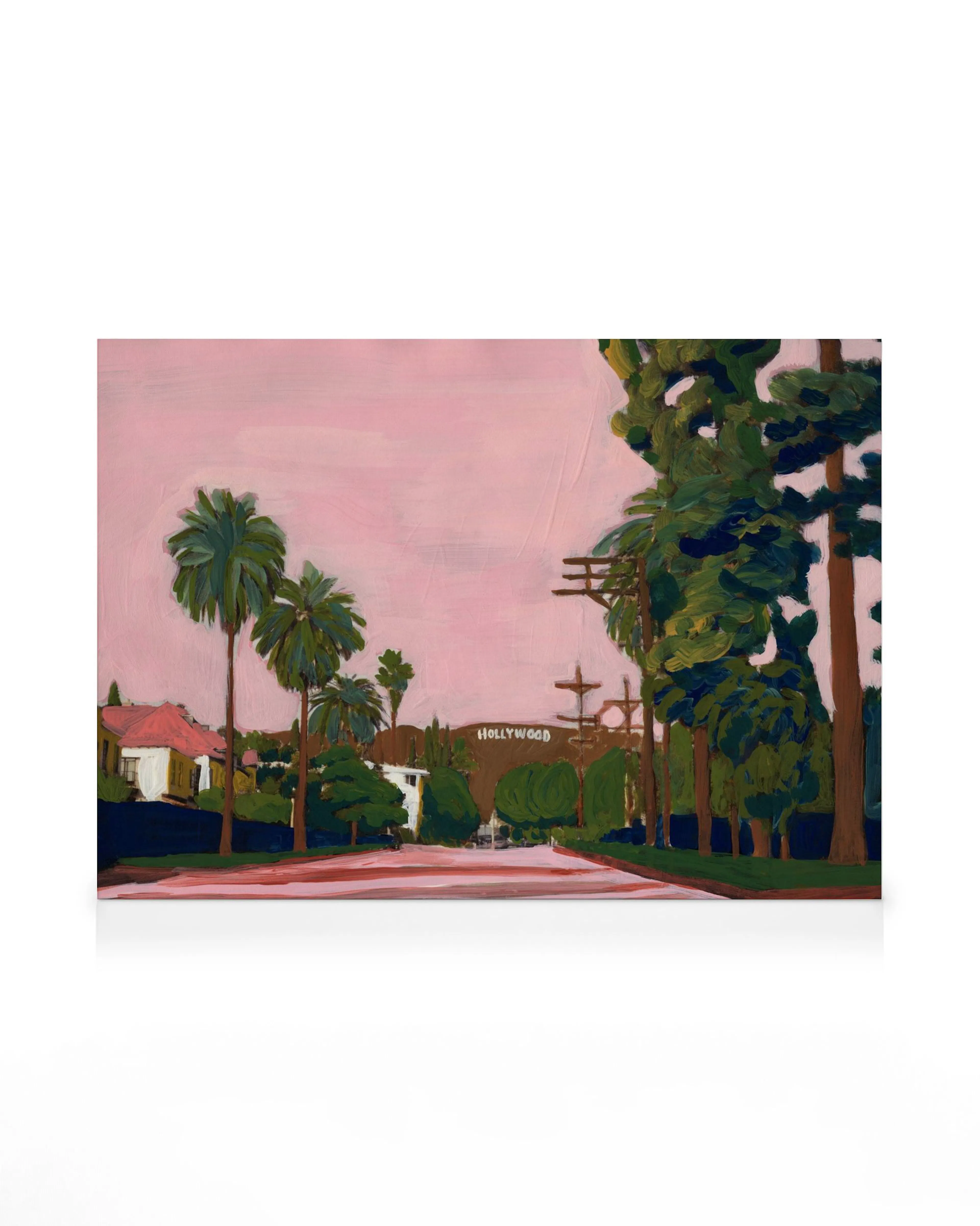 Canvas van Hollywood-straat met palmbomen, huizen en het Hollywood-bord onder een roze lucht, platte stijl.